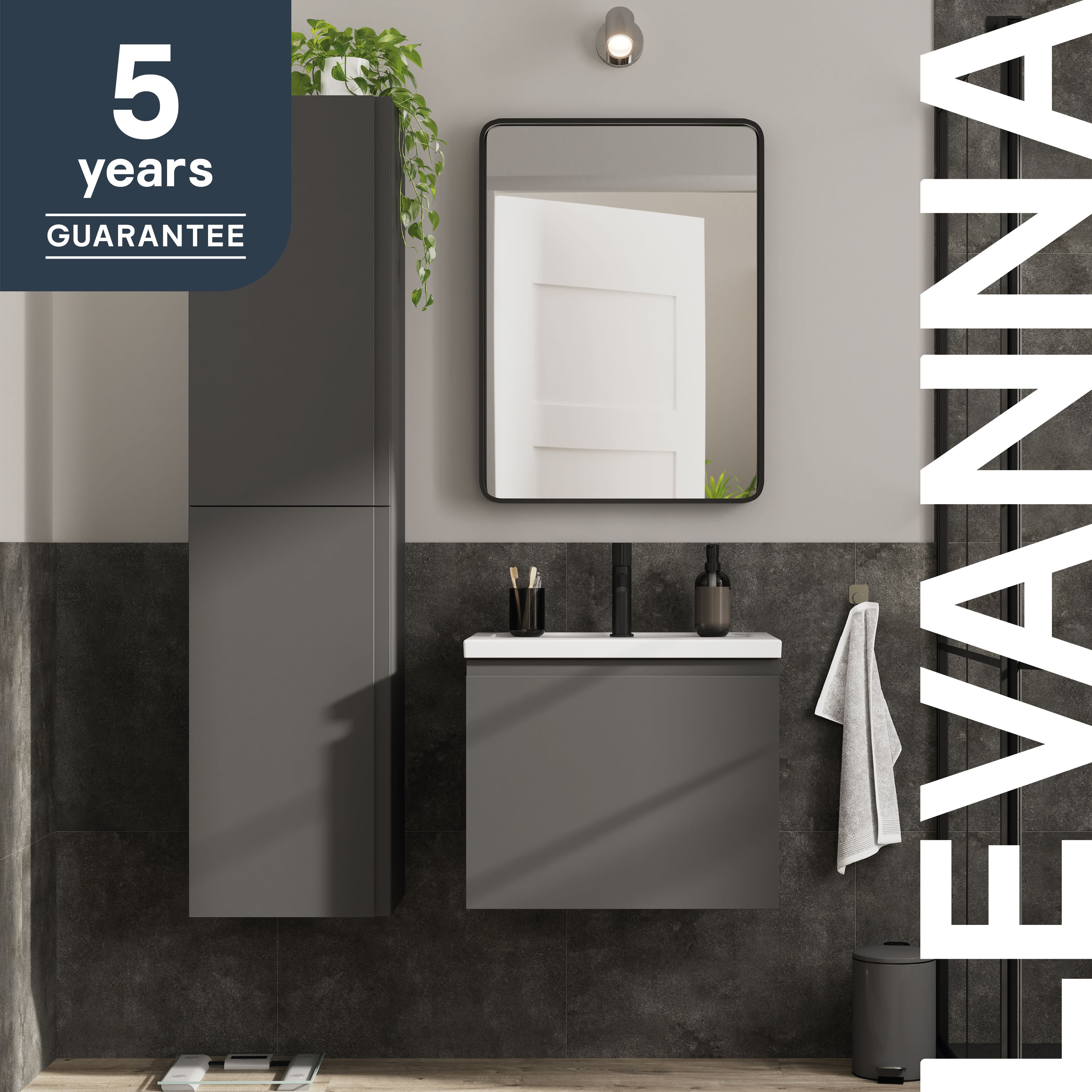 GoodHome Levanna Compact Matt Grey Single Wall-mounted Bathroom Cabinet (H)48cm (W)60cm