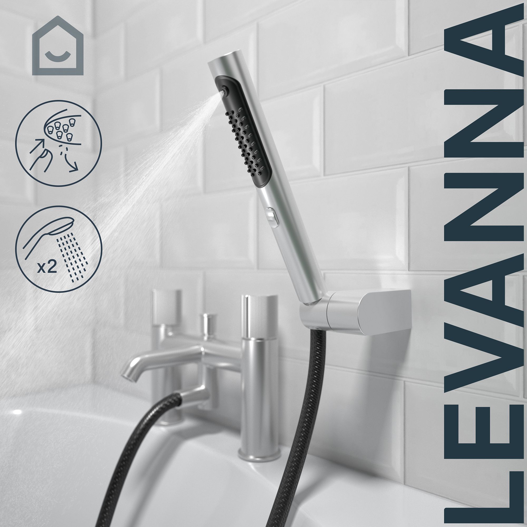 GoodHome Levanna Gloss Chrome effect Ceramic disk Deck-mounted Double Bath shower mixer tap with shower kit
