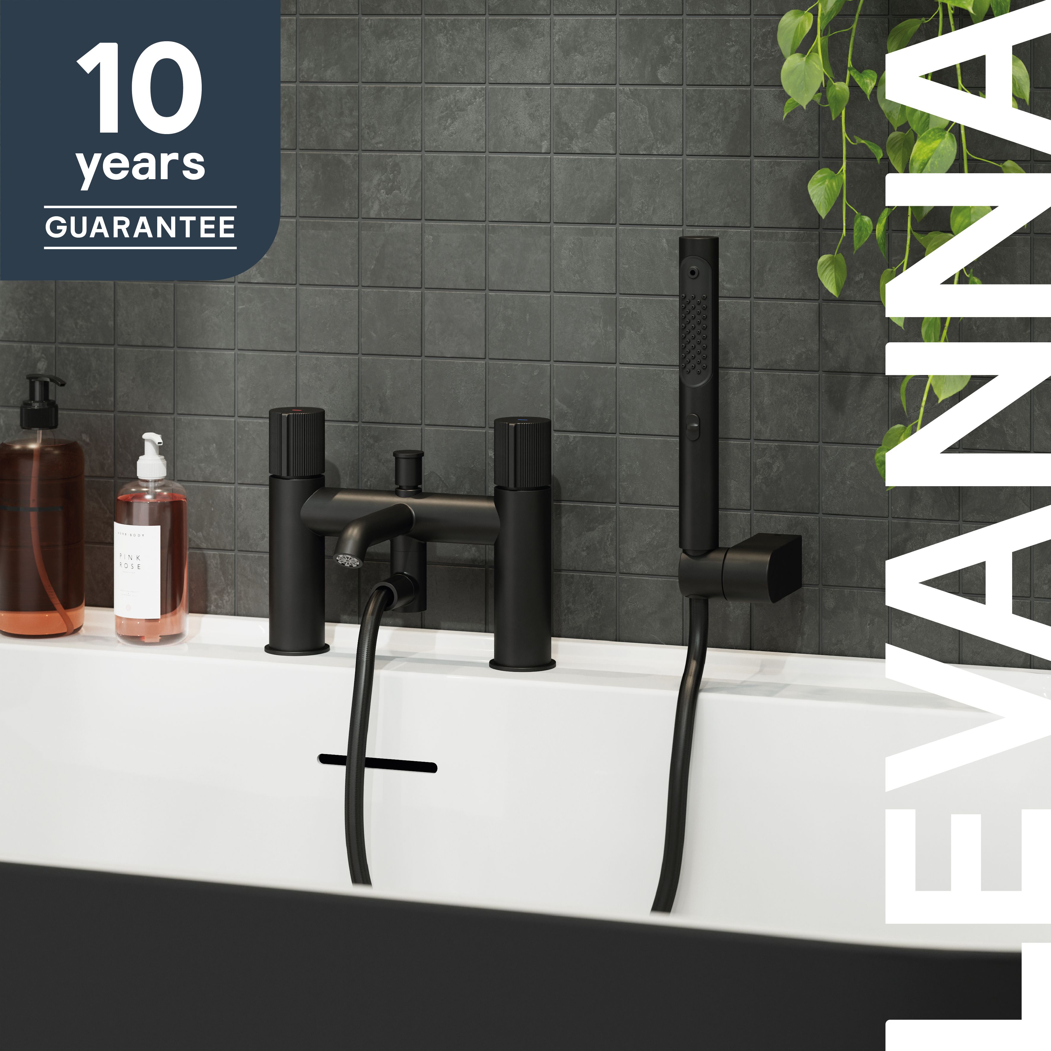 GoodHome Levanna Matt Black Ceramic disk Deck-mounted Double Bath shower mixer tap with shower kit