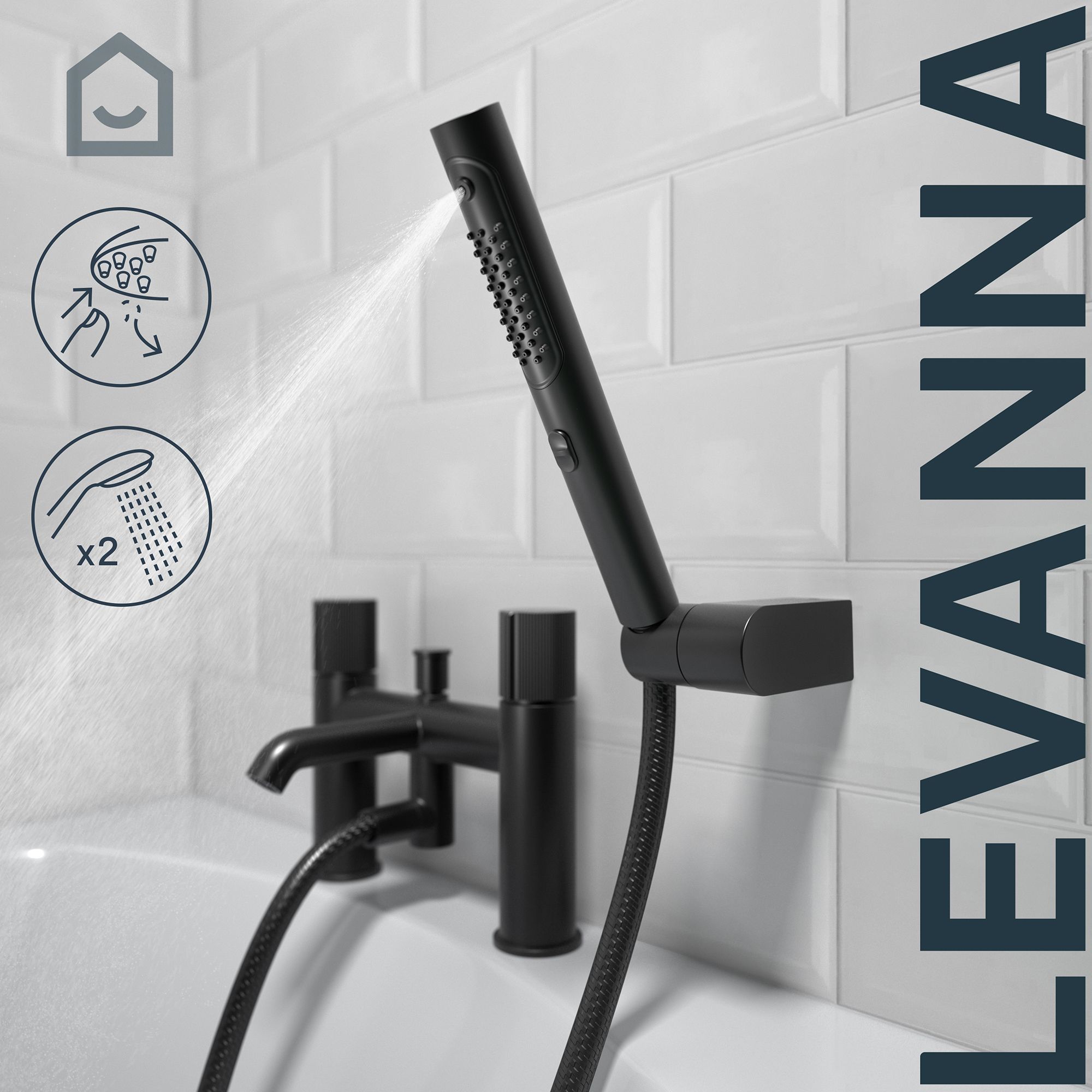 GoodHome Levanna Matt Black Ceramic disk Deck-mounted Double Bath shower mixer tap with shower kit