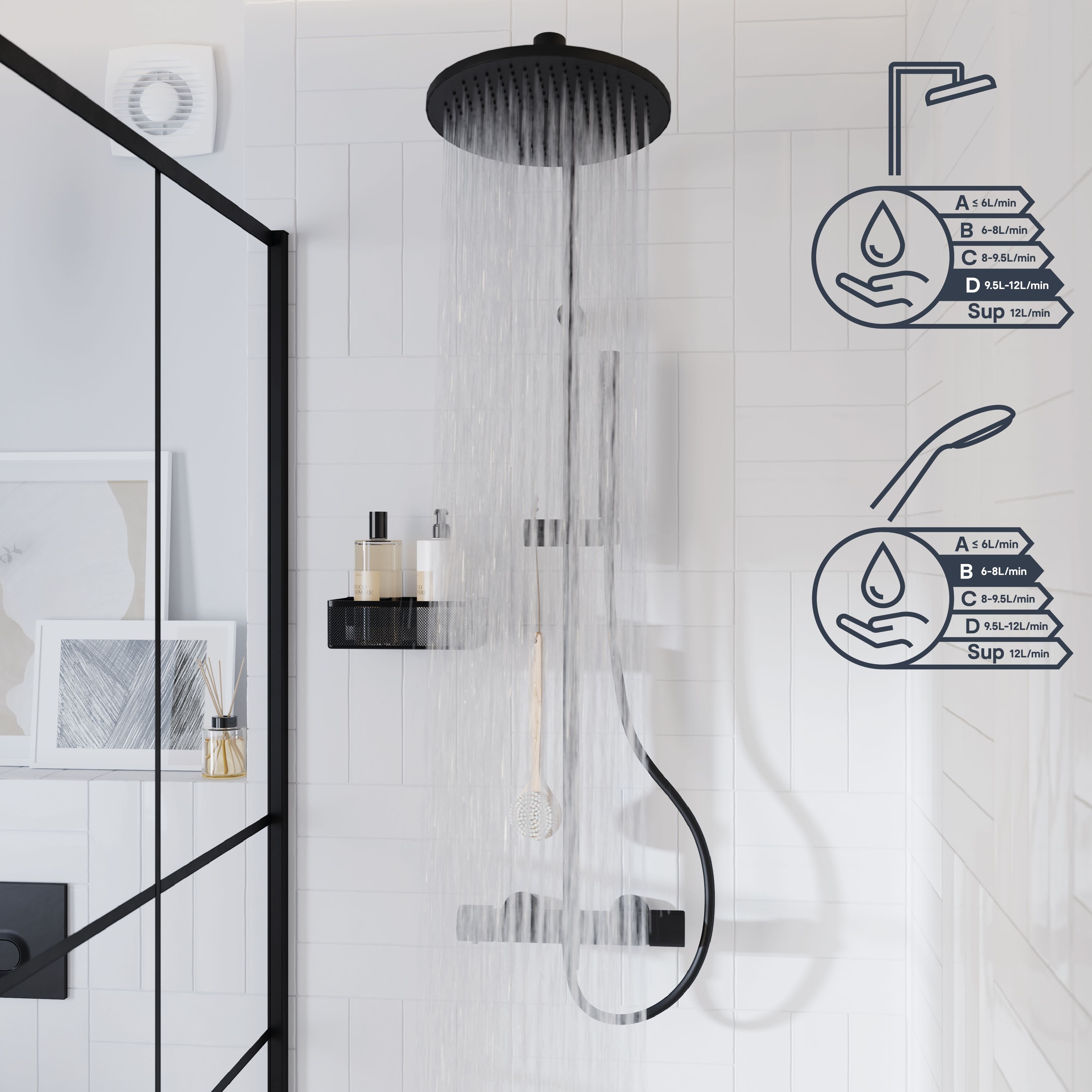 GoodHome Levanna Matt Black Wall-mounted Thermostatic Mixer Multi head shower