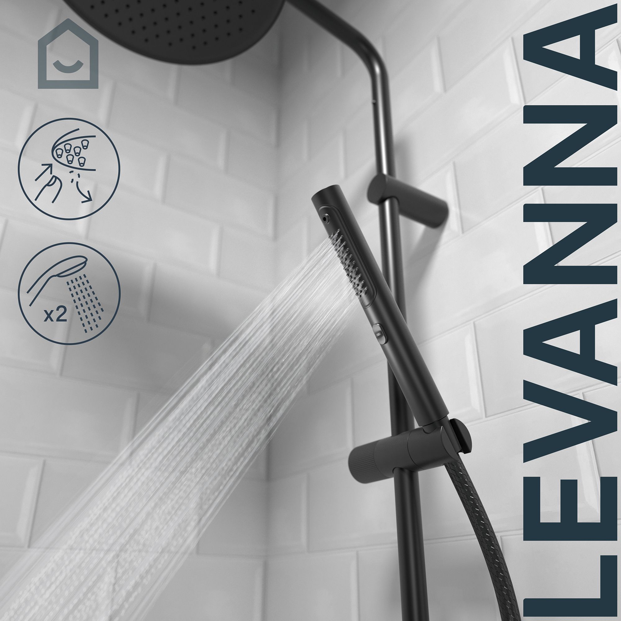 GoodHome Levanna Matt Black Wall-mounted Thermostatic Mixer Multi head shower