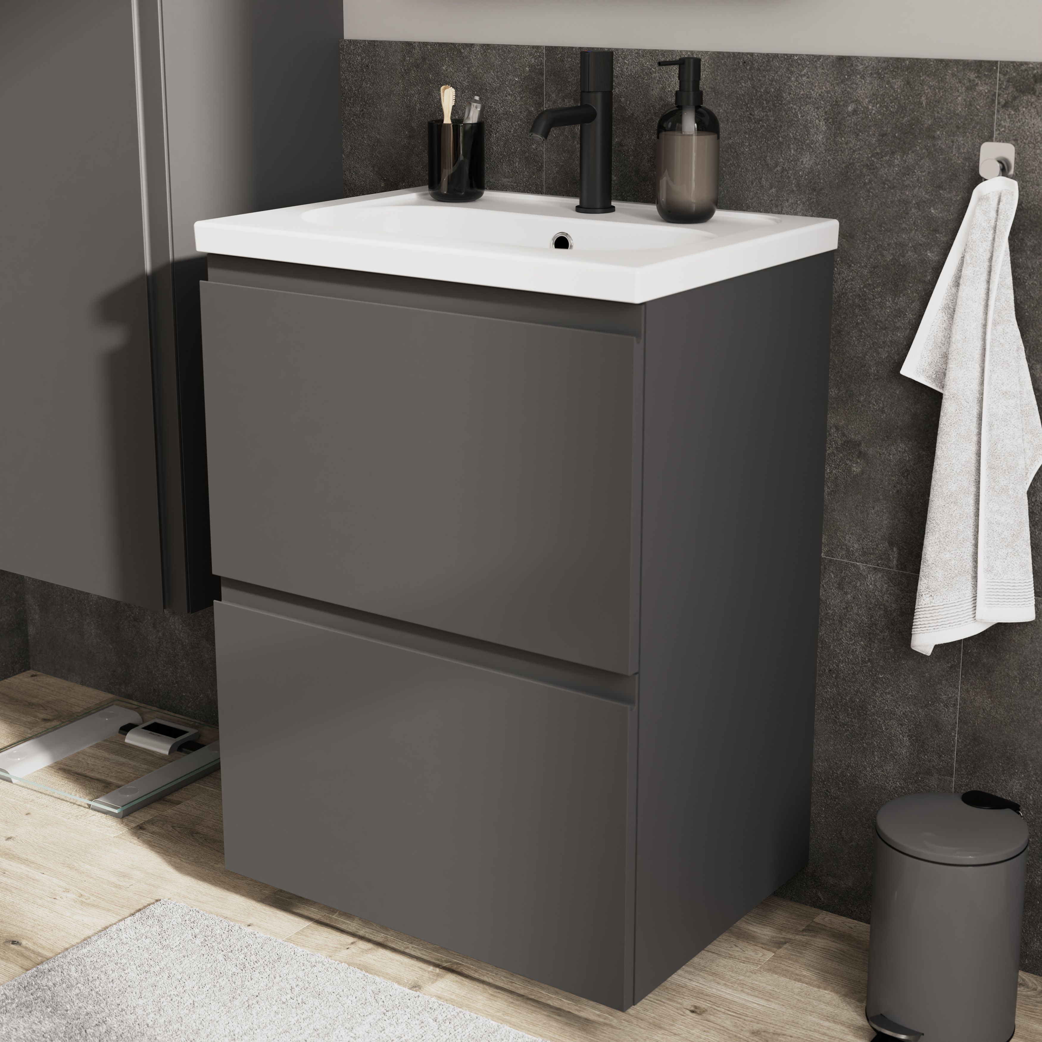 GoodHome Levanna Matt Grey Double Freestanding Bathroom Cabinet (H)85cm (W)60cm