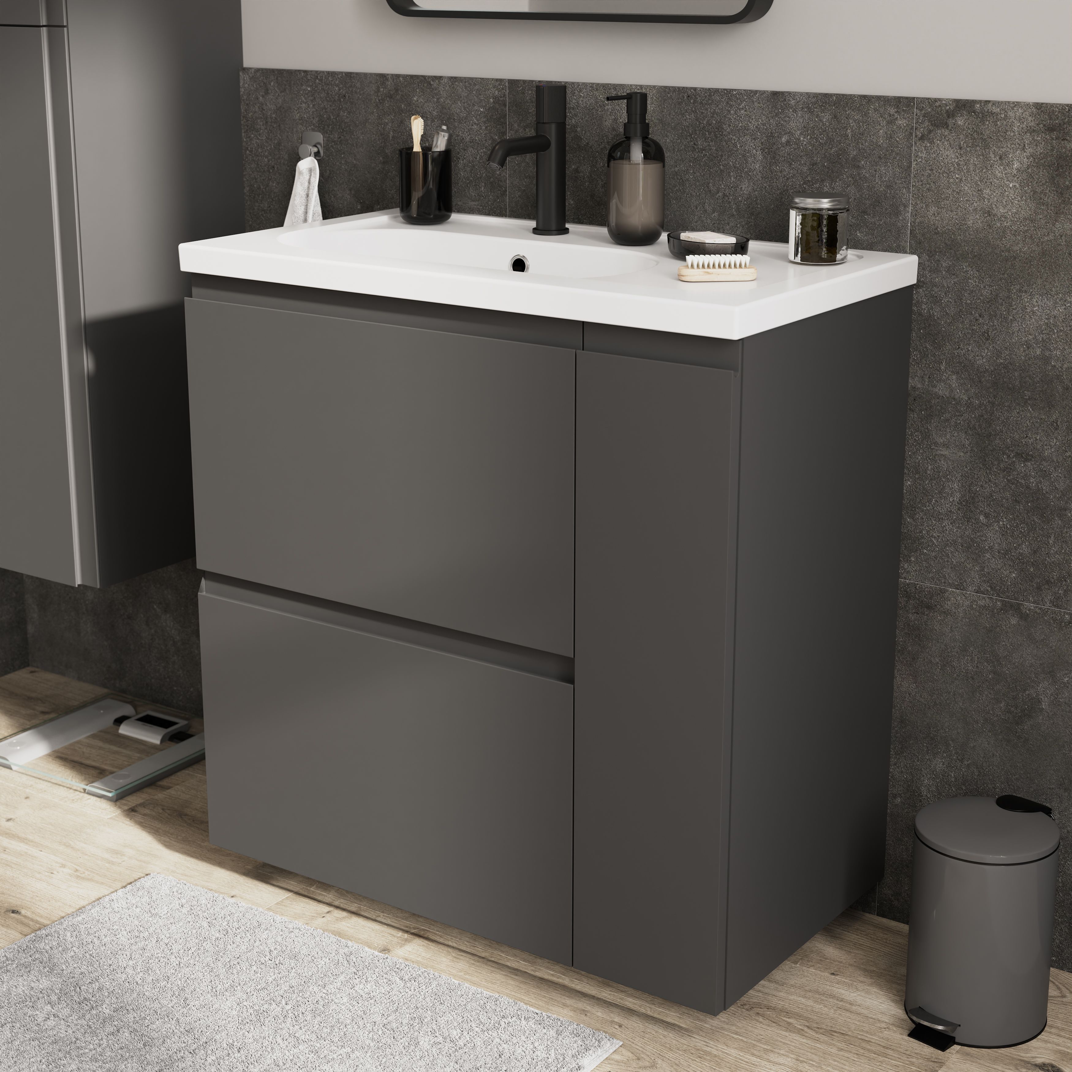 GoodHome Levanna Matt Grey Freestanding Bathroom Cabinet (H)85cm (W)80cm