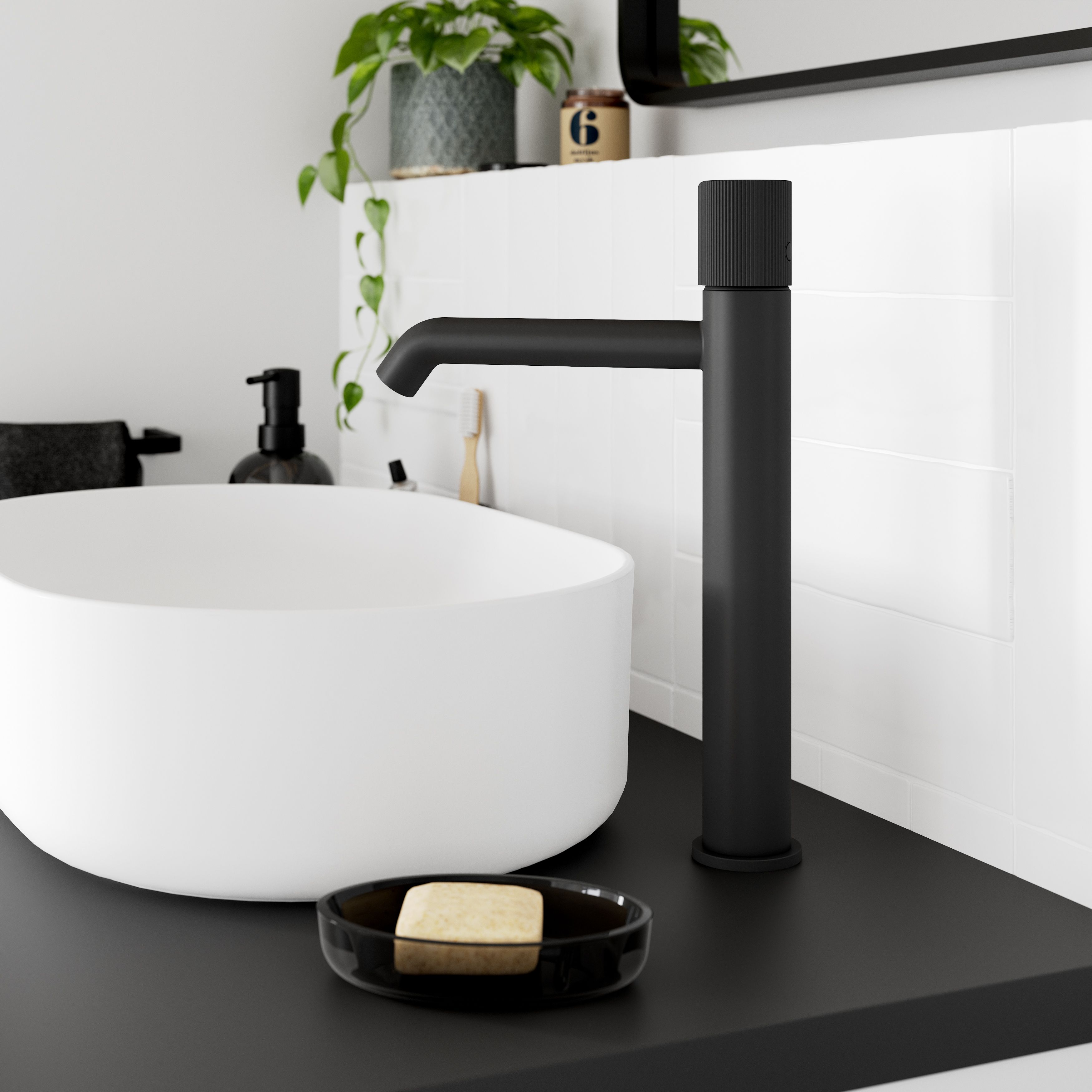GoodHome Levanna Tall Matt Black Round Deck-mounted Manual Deck Mixer Tap