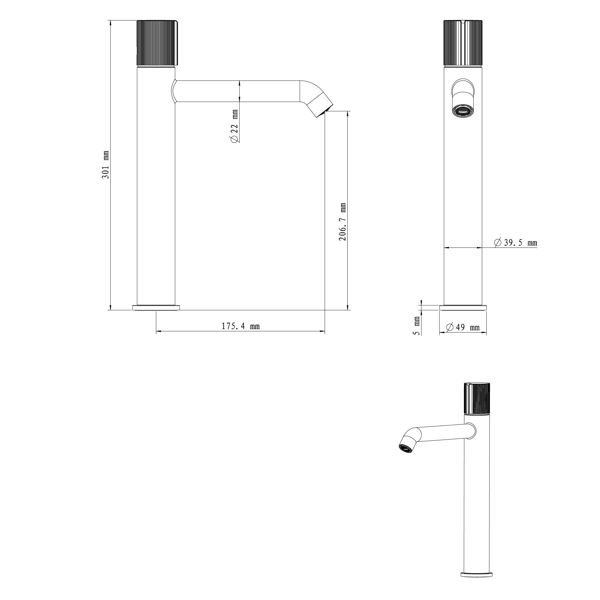 GoodHome Levanna Tall Matt Black Round Deck-mounted Manual Deck Mixer Tap