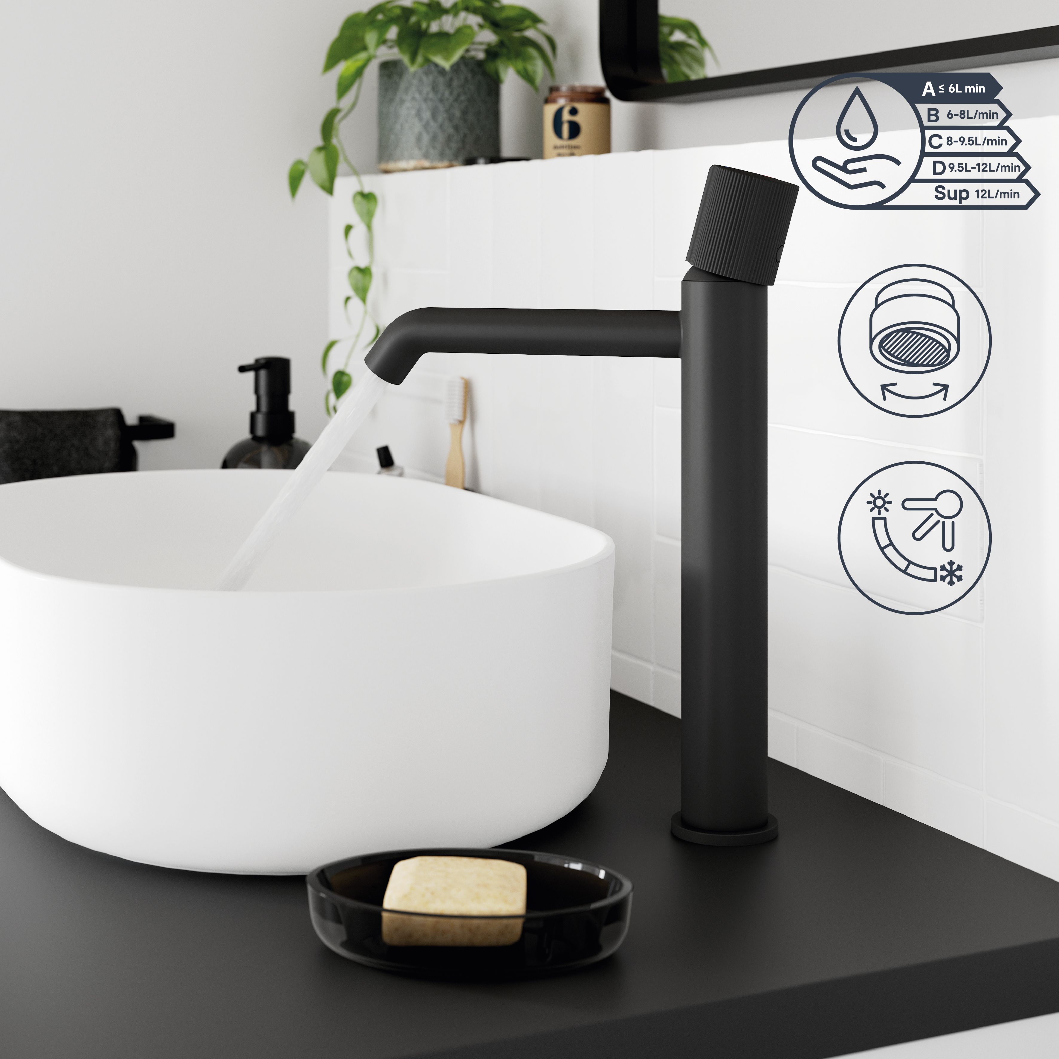 GoodHome Levanna Tall Matt Black Round Deck-mounted Manual Deck Mixer Tap