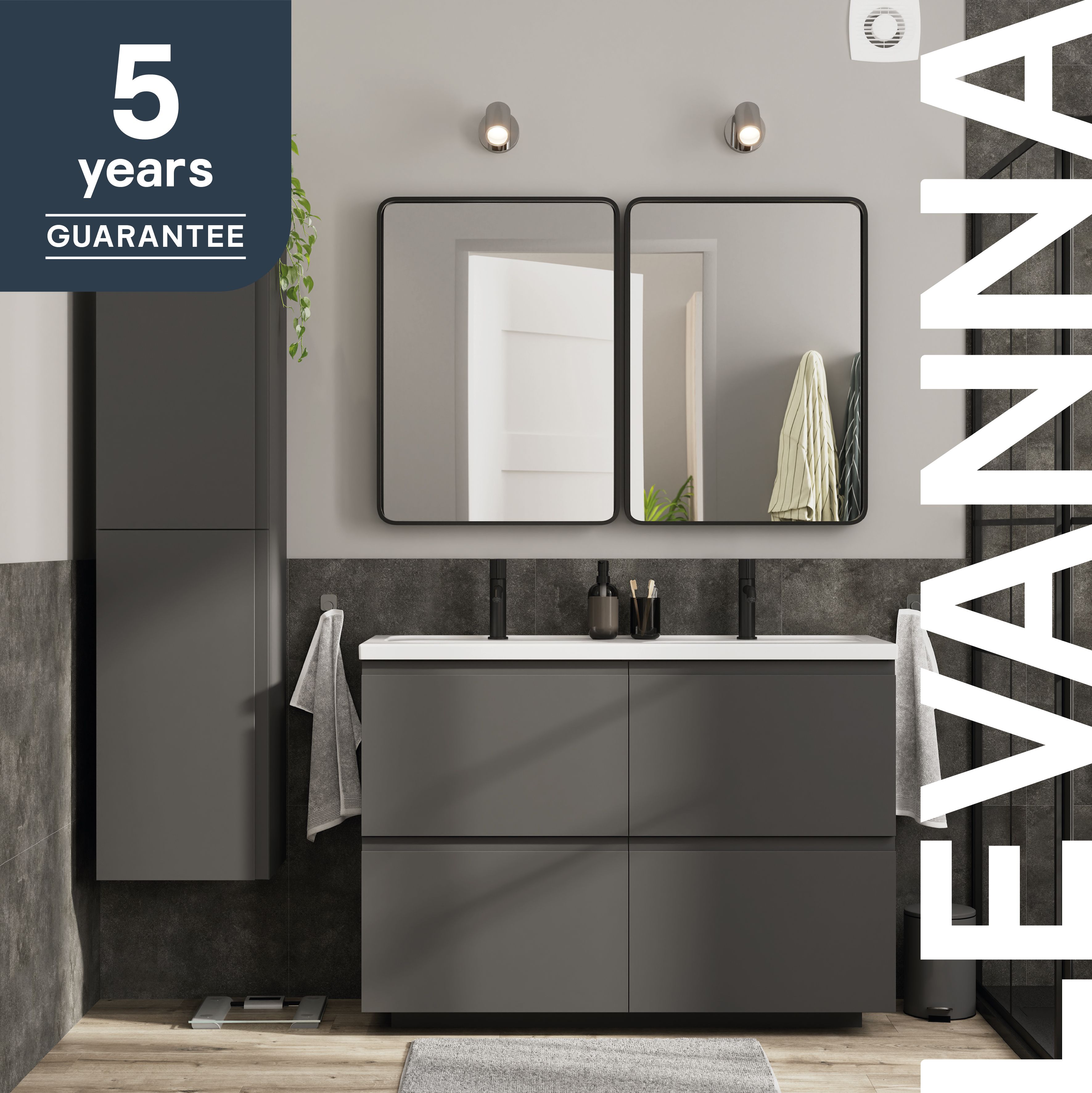 GoodHome Levanna Wide Matt Grey Double Freestanding Bathroom Cabinet (H)85cm (W)120cm