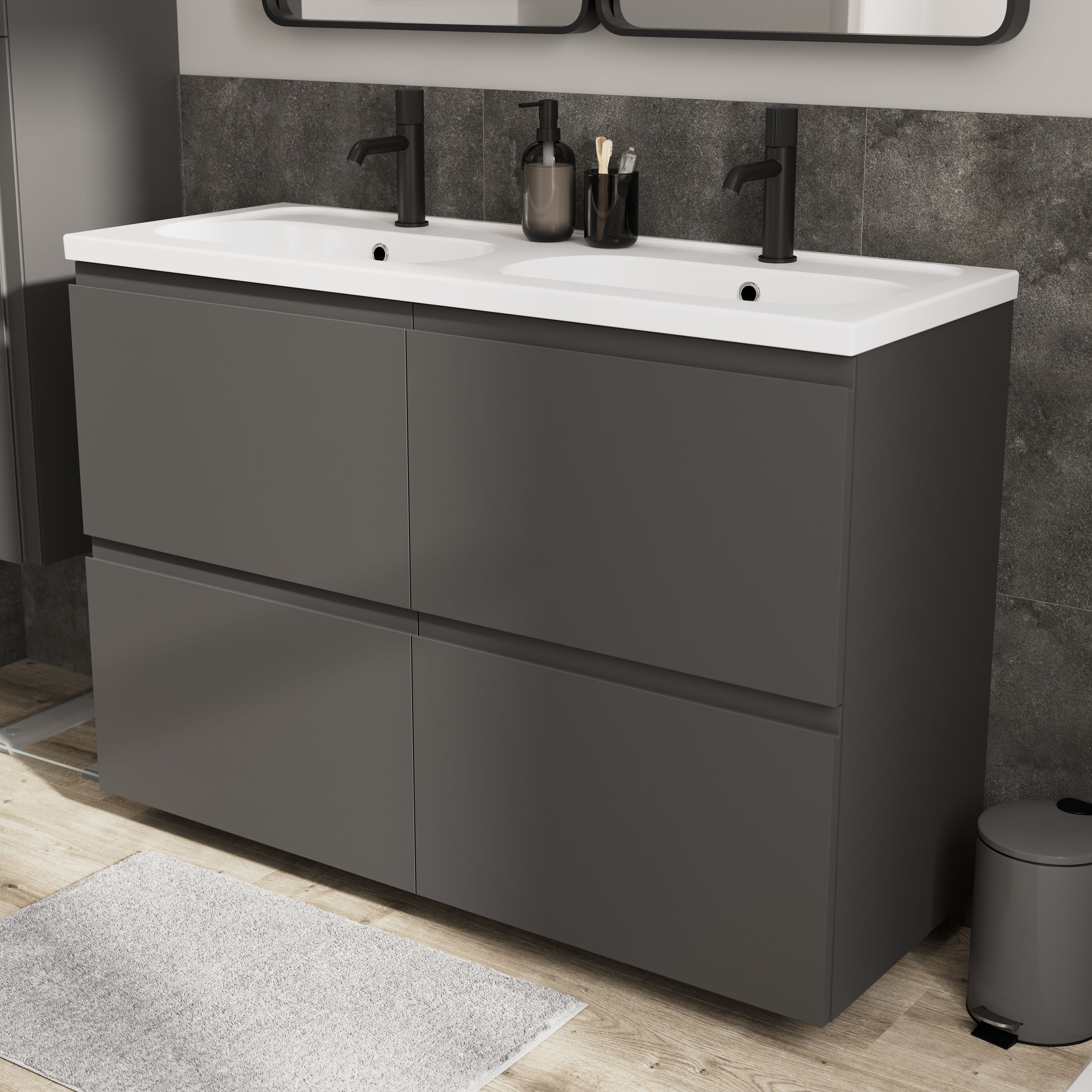 GoodHome Levanna Wide Matt Grey Double Freestanding Bathroom Cabinet (H)85cm (W)120cm