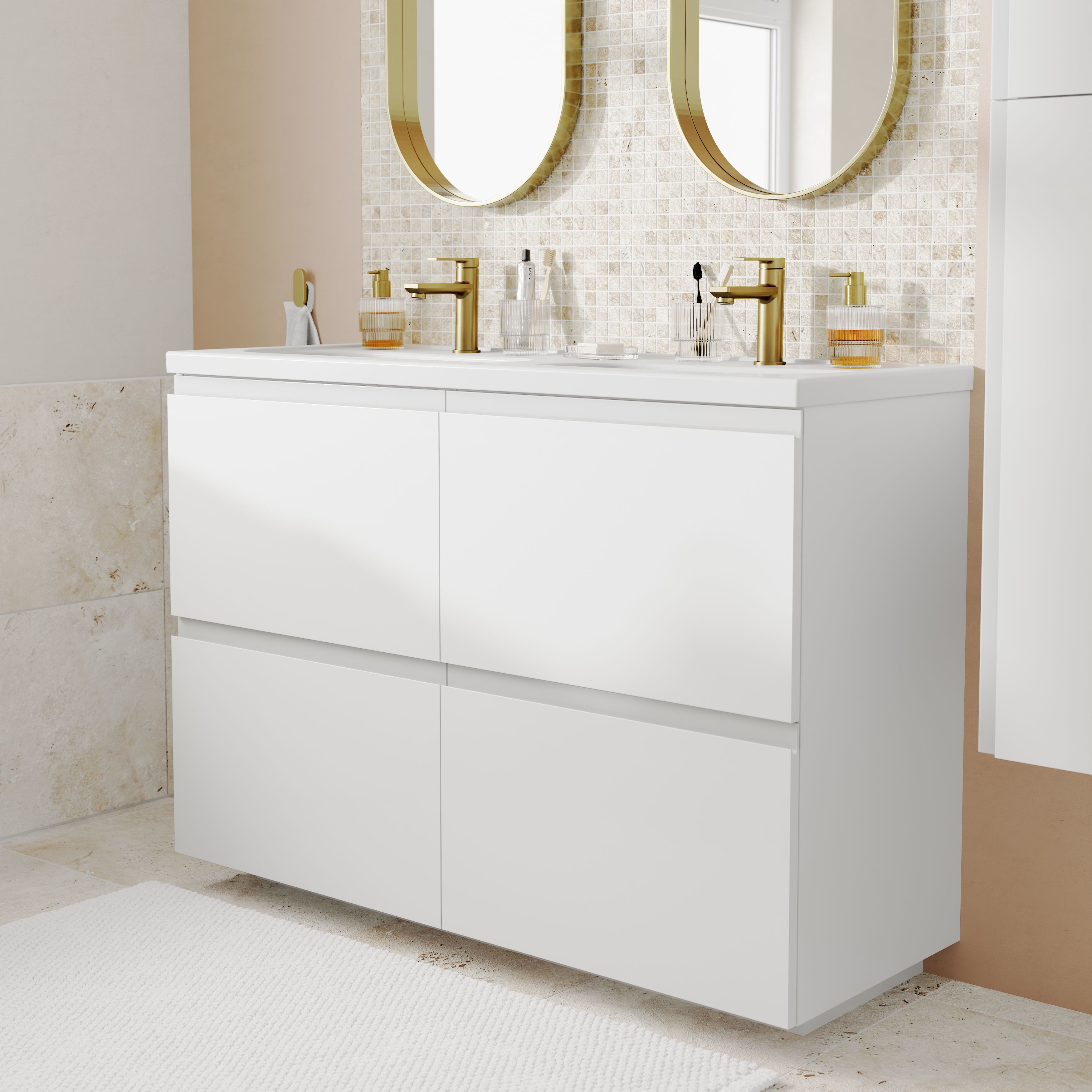 GoodHome Levanna Wide Matt White Double Freestanding Bathroom Cabinet (H)85cm (W)120cm