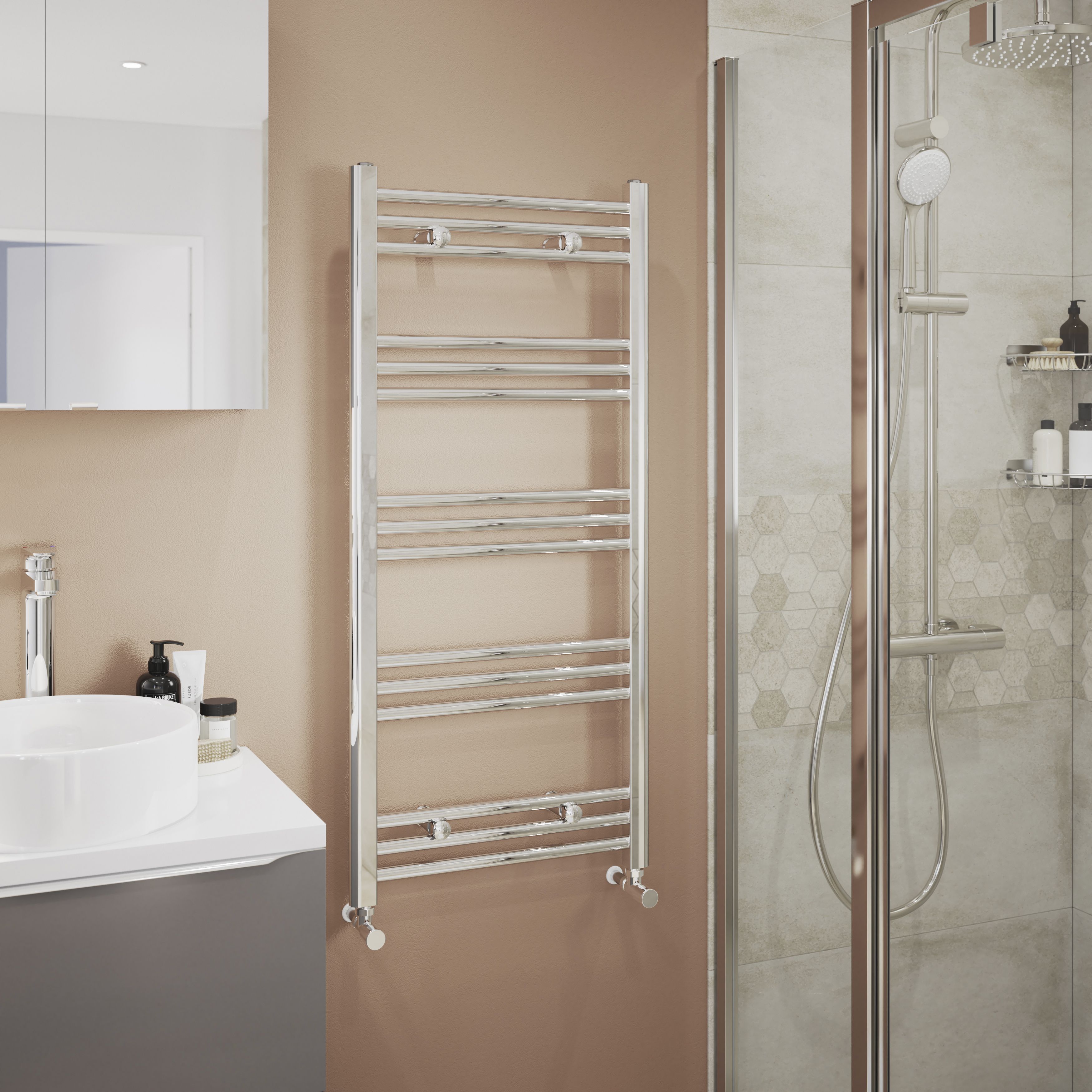 GoodHome Leyburn Chrome effect Vertical Flat Towel radiator (W)500mm x (H)1100mm