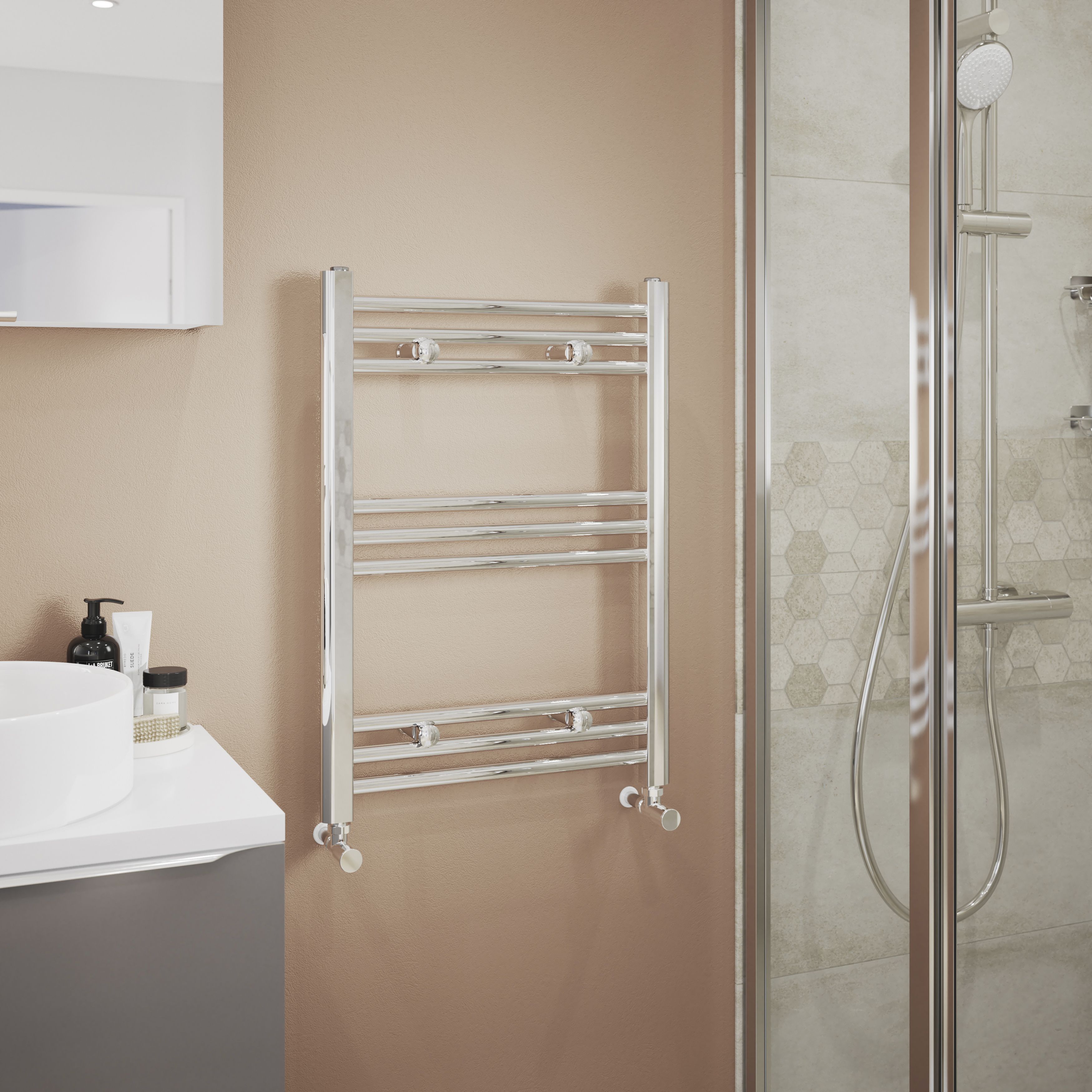 GoodHome Leyburn Chrome effect Vertical Flat Towel radiator (W)500mm x (H)700mm