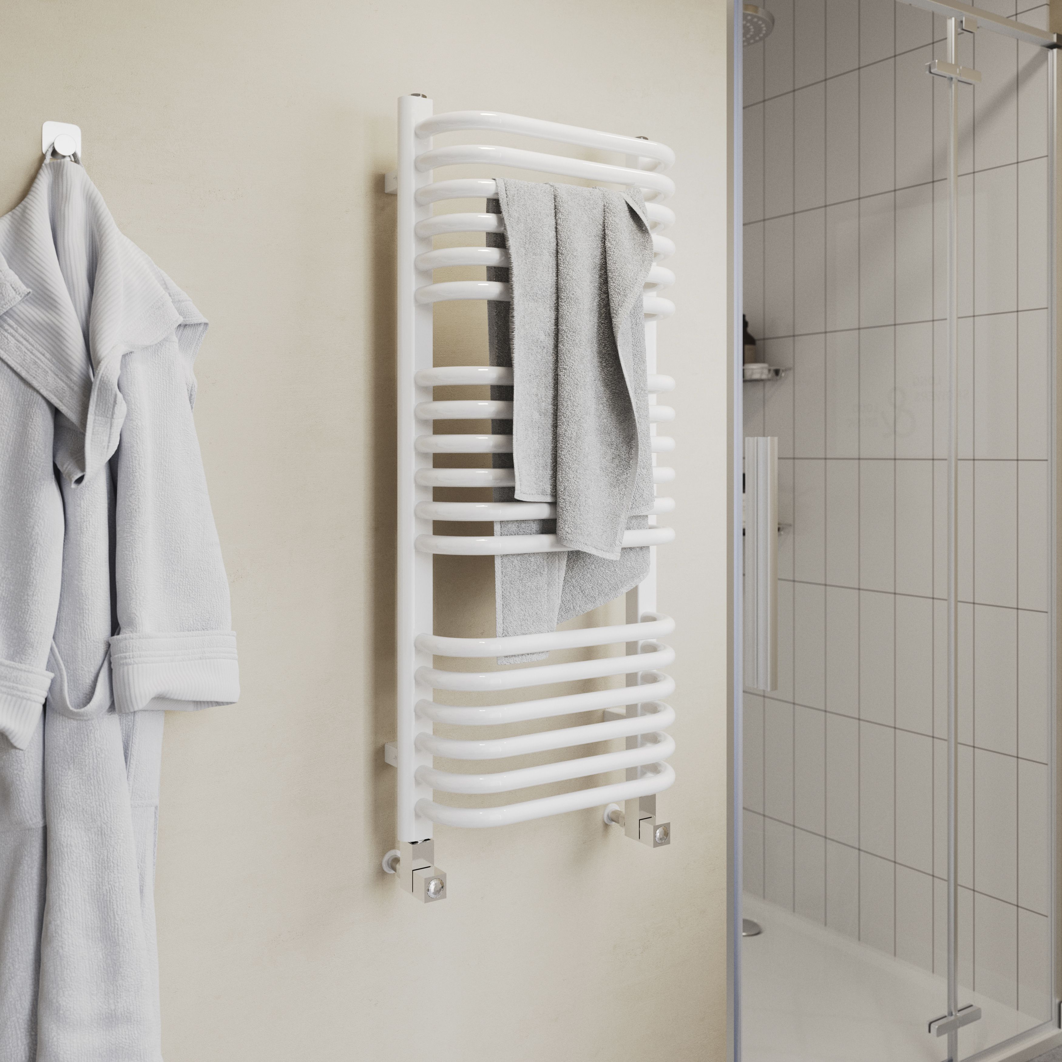 GoodHome Lilium, White Vertical Curved Towel radiator (W)400mm x (H)900mm