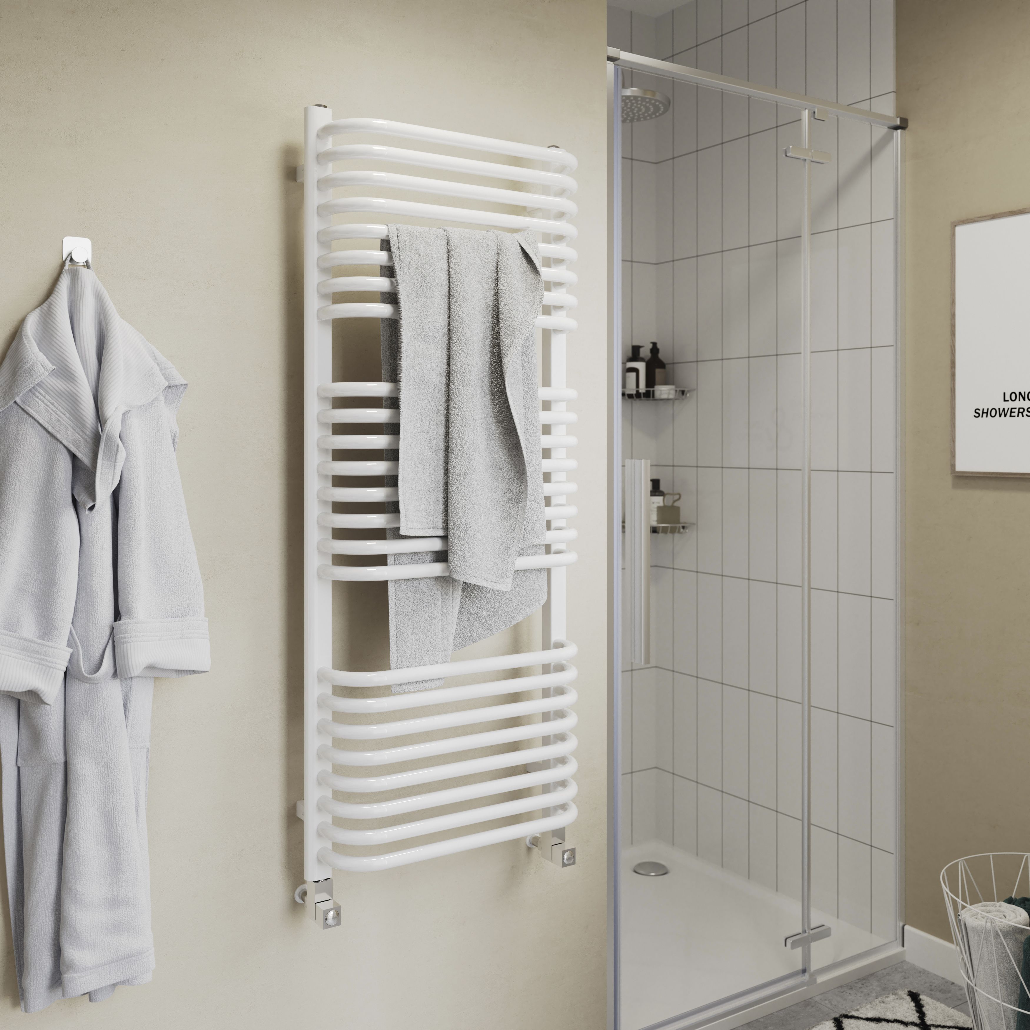GoodHome Lilium, White Vertical Curved Towel radiator (W)500mm x (H)1200mm