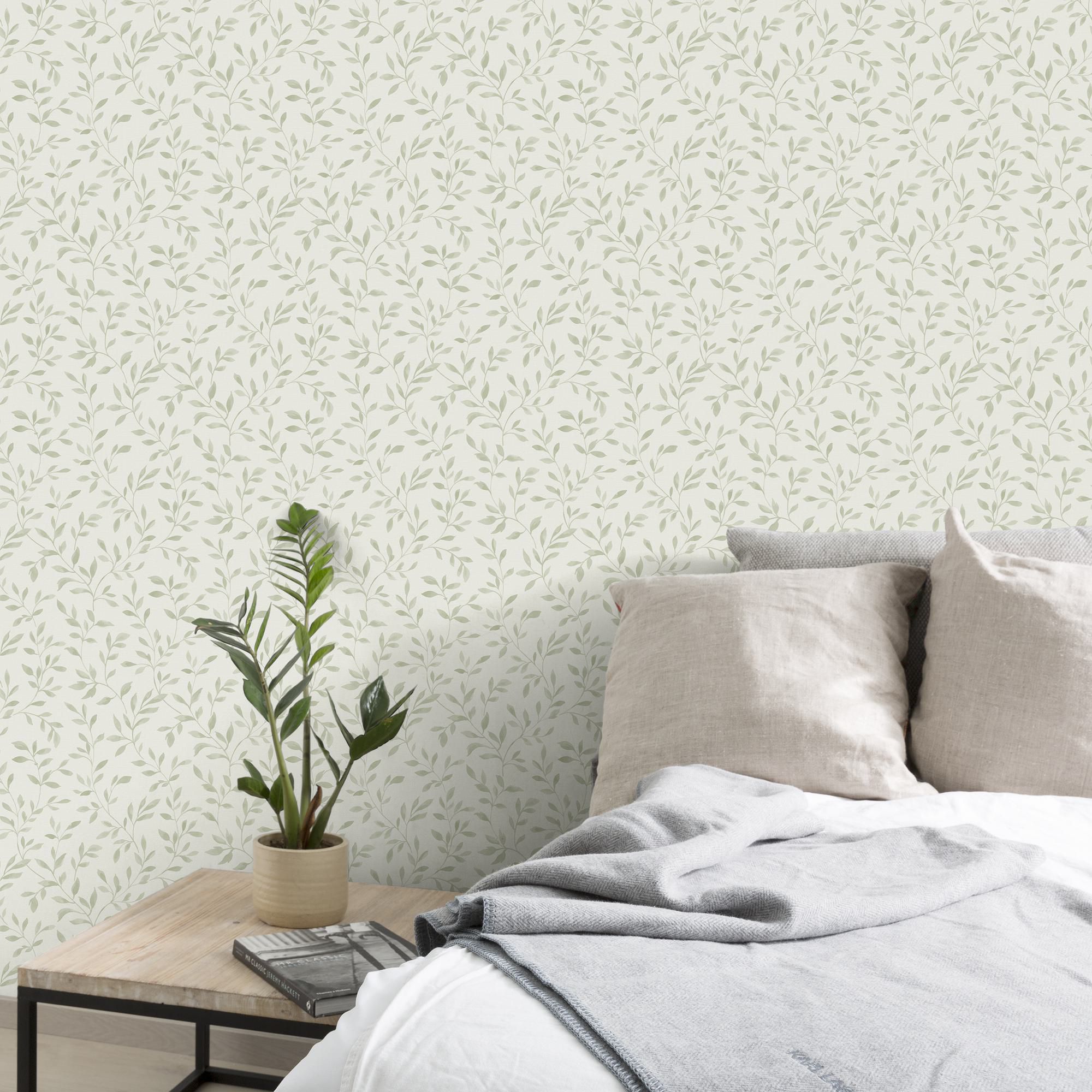GoodHome Linton Sage green Woven effect Leaf trail Textured Wallpaper