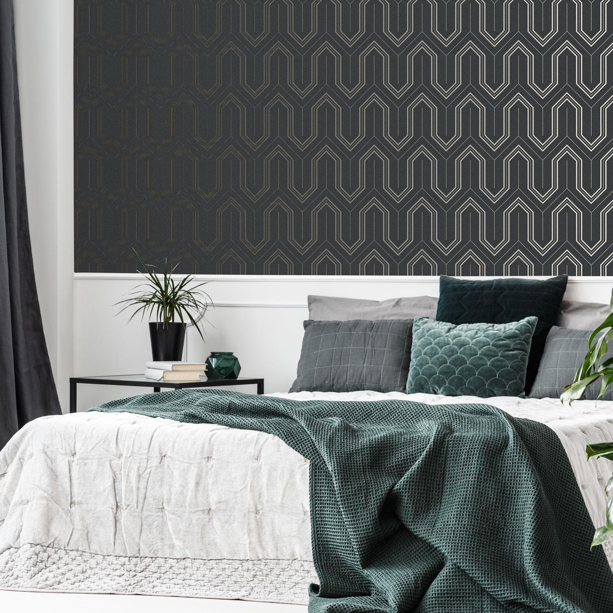 GoodHome Lisle Charcoal Metallic effect Geometric Textured Wallpaper