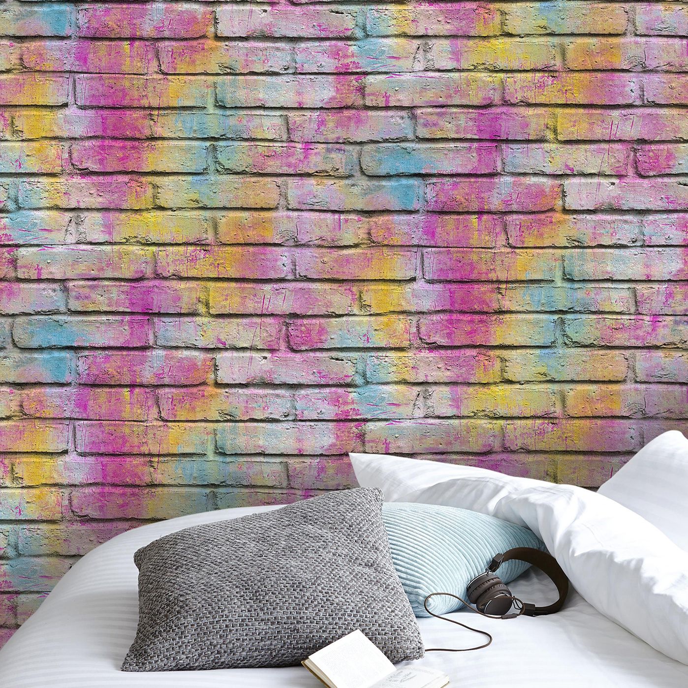 GoodHome Lokta Multicolour Brick effect Grafitti Textured Wallpaper Sample