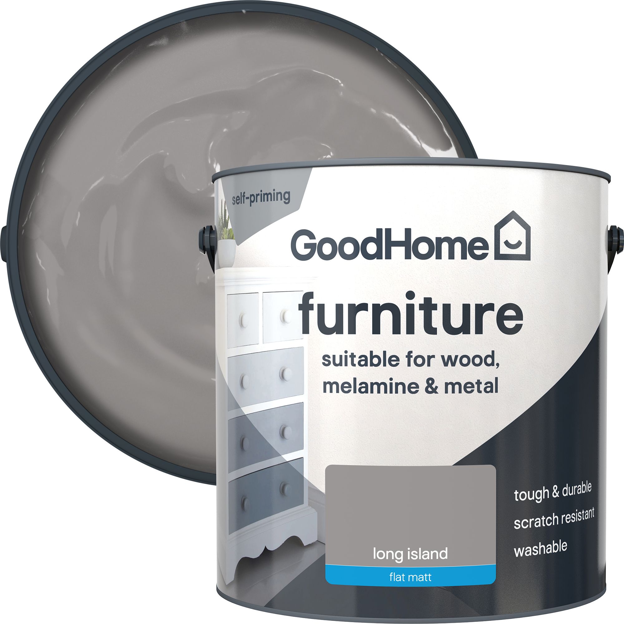 GoodHome Long Island Flat matt Furniture paint, 2L