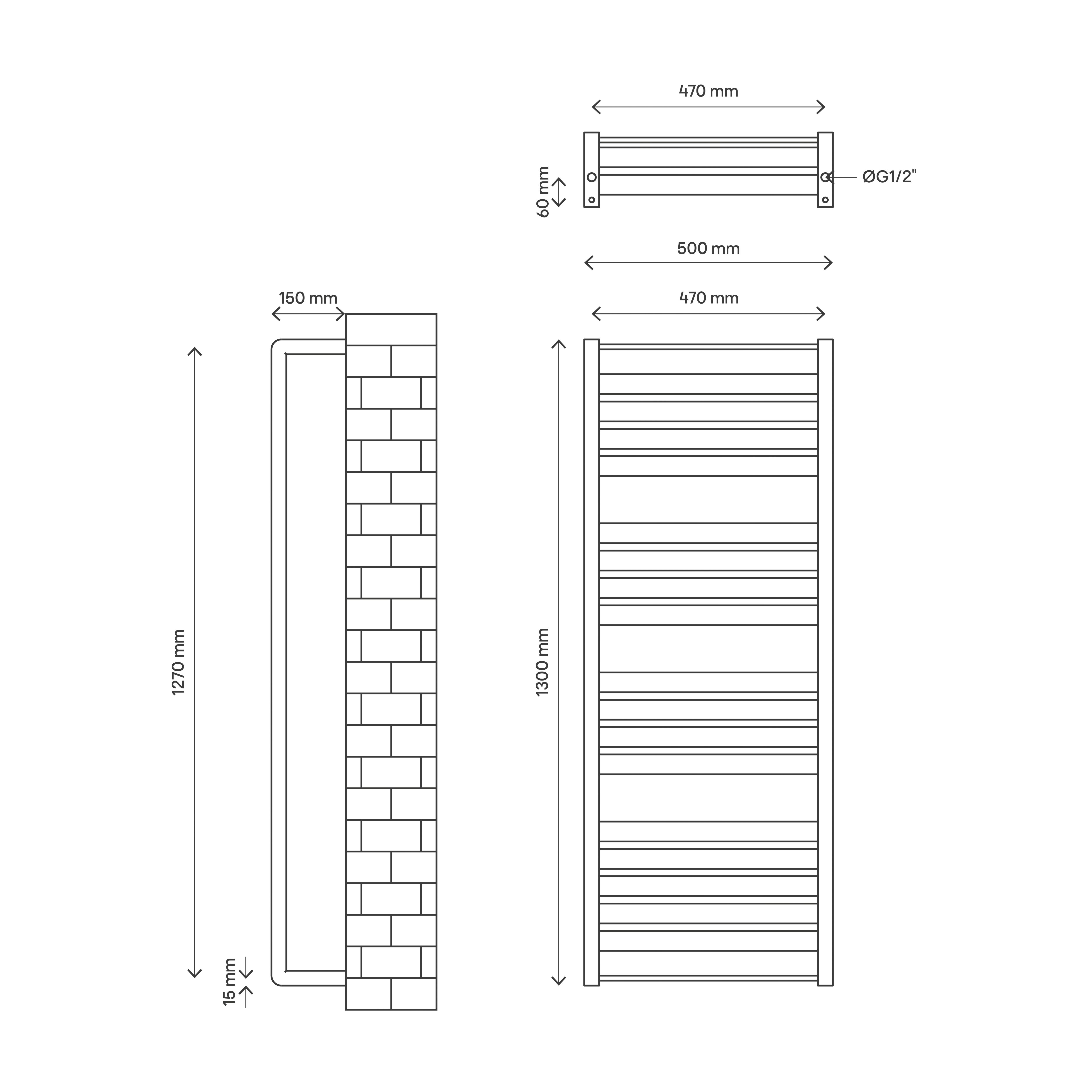 GoodHome Loreto Anthracite Flat Towel warmer (W)500mm x (H)1300mm