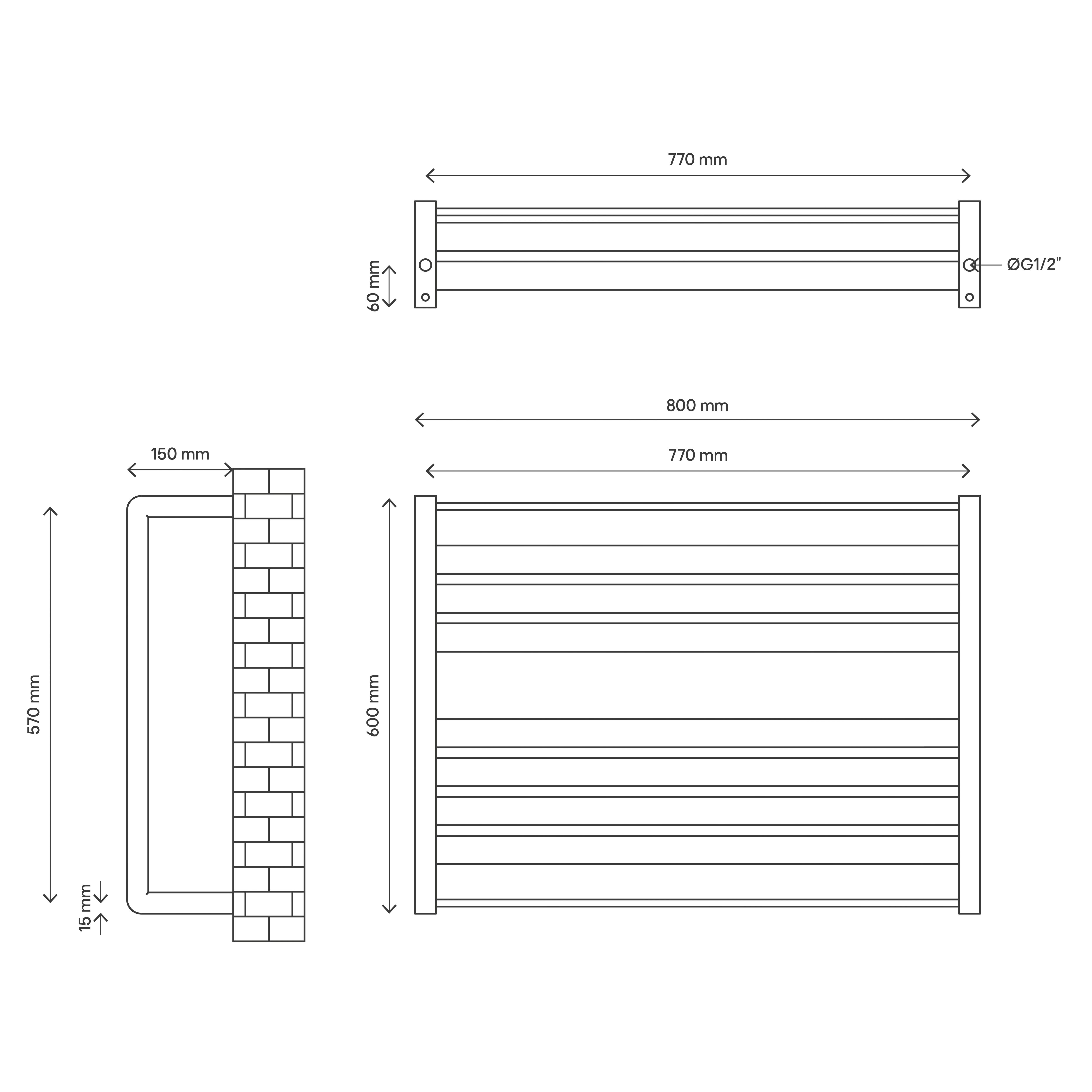 GoodHome Loreto Anthracite Flat Towel warmer (W)800mm x (H)600mm