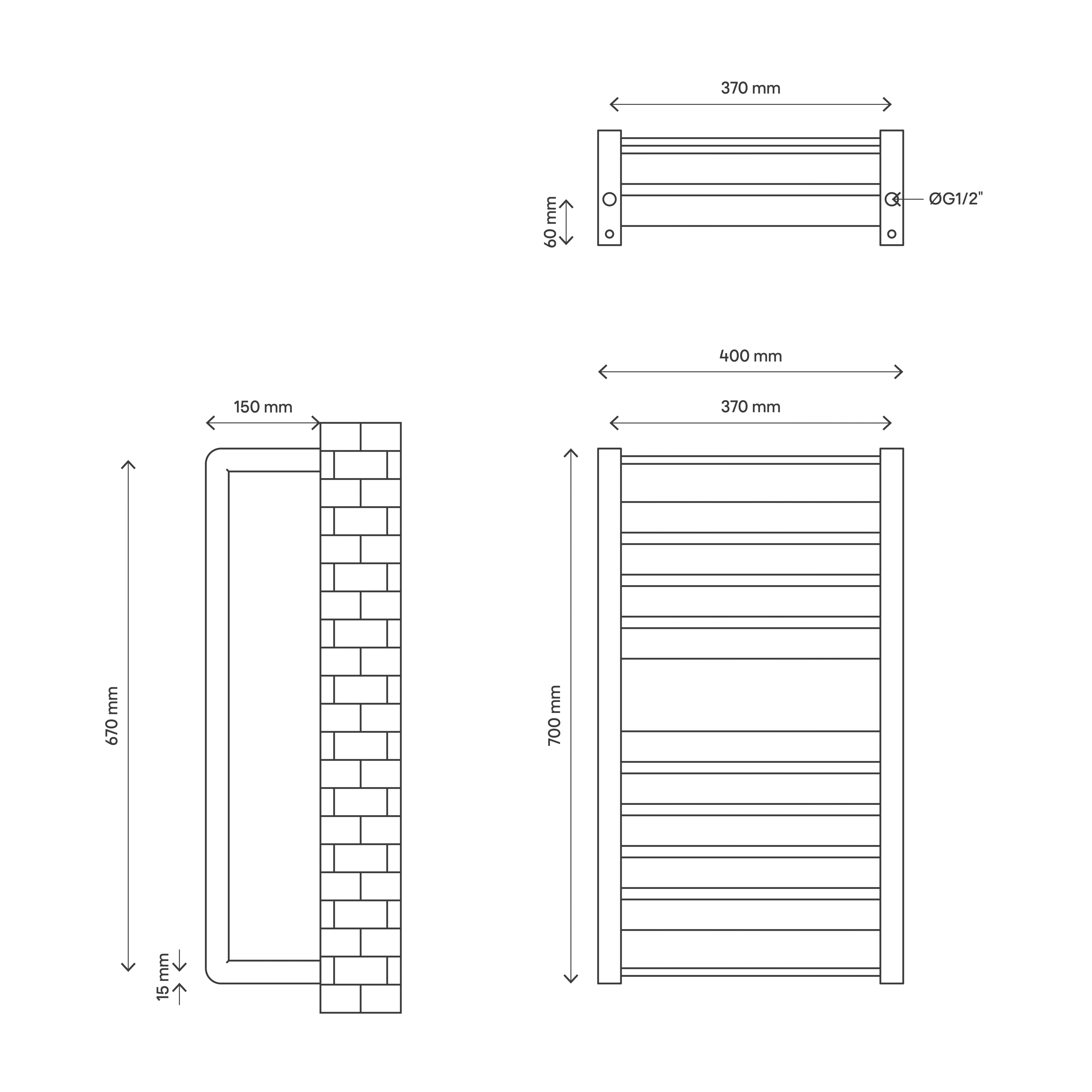 GoodHome Loreto, Anthracite Vertical Flat Towel radiator (W)400mm x (H)700mm