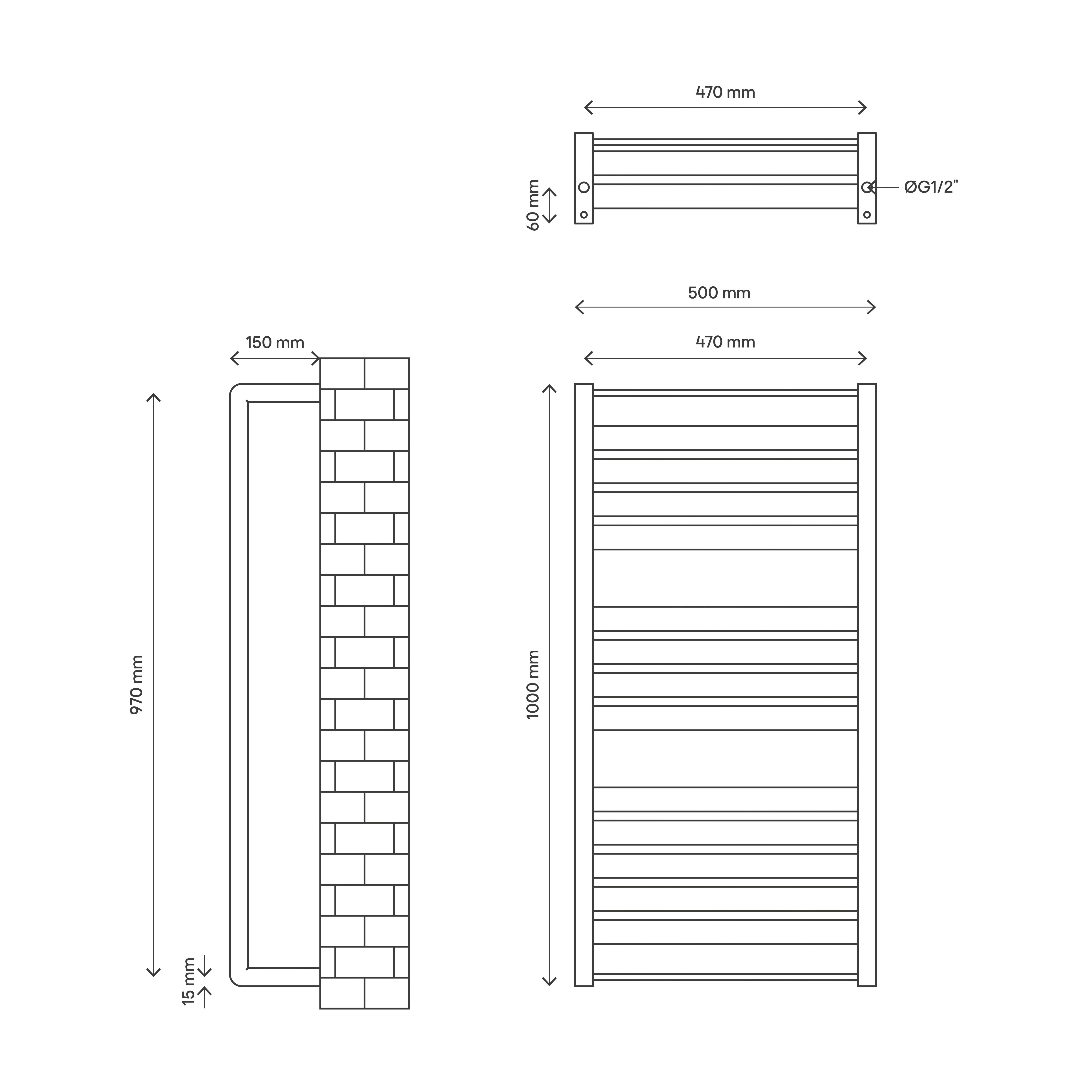 GoodHome Loreto Grey Flat Towel warmer (W)500mm x (H)1000mm