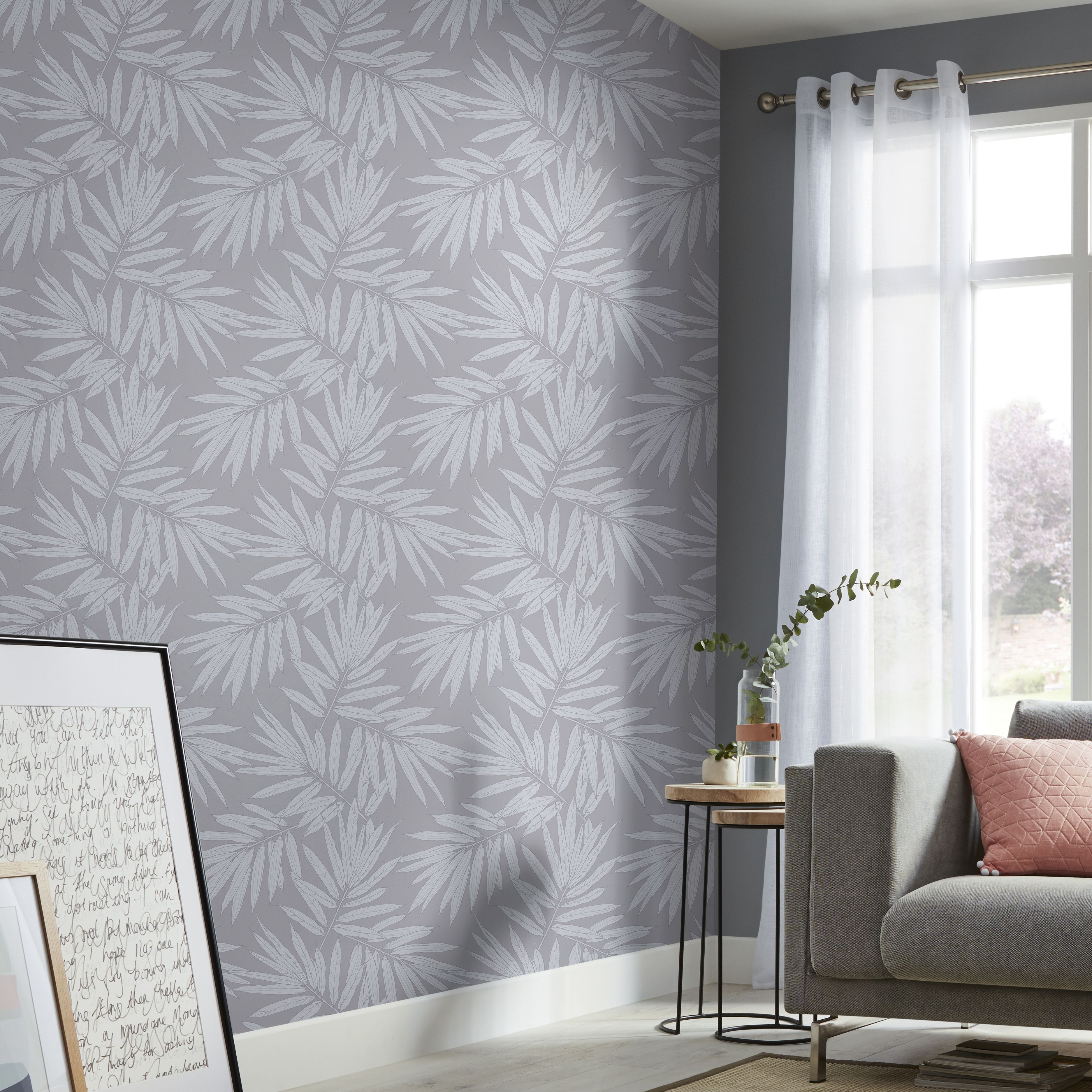 GoodHome Loroco Grey Silver effect Leaves Textured Wallpaper