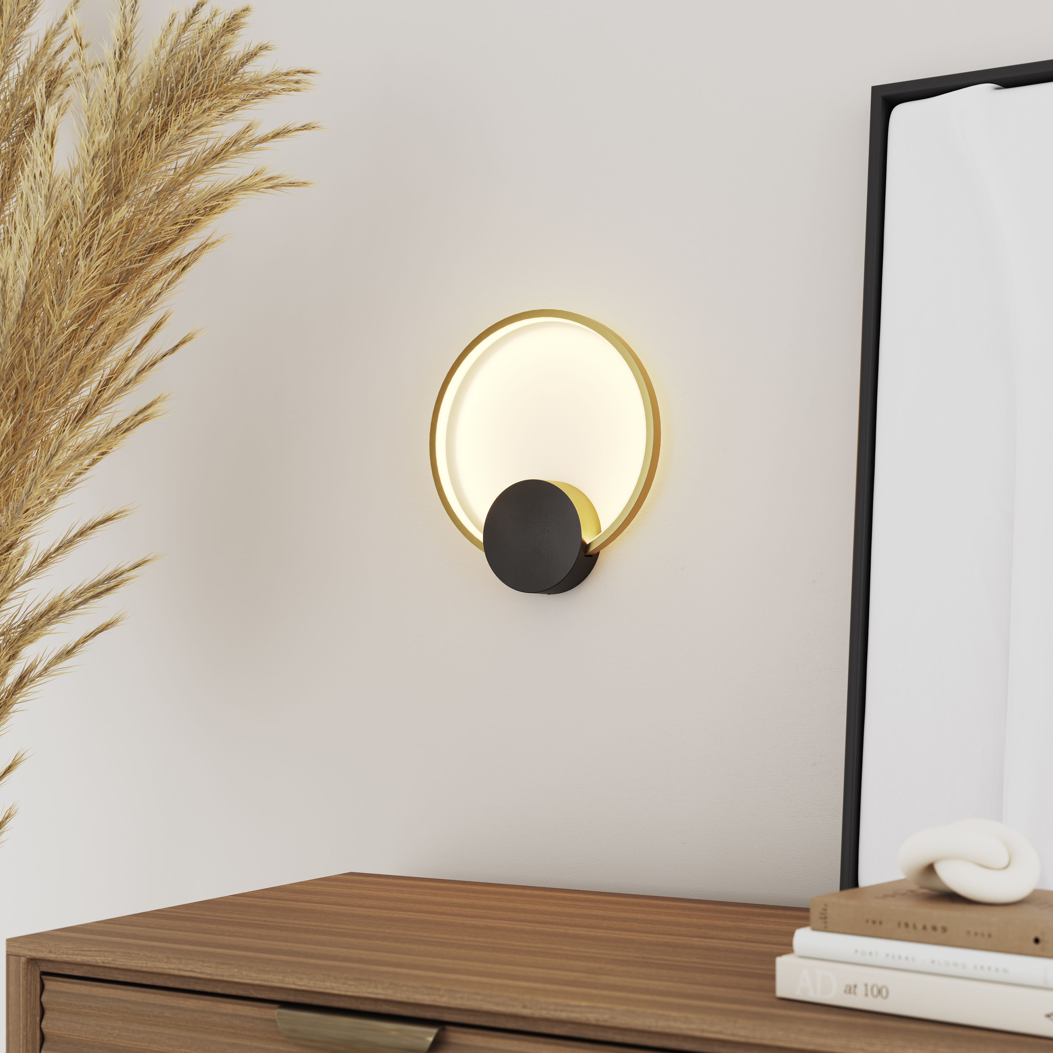 GoodHome Maidstone Circular Matt Black Gold effect Wired LED Wall light