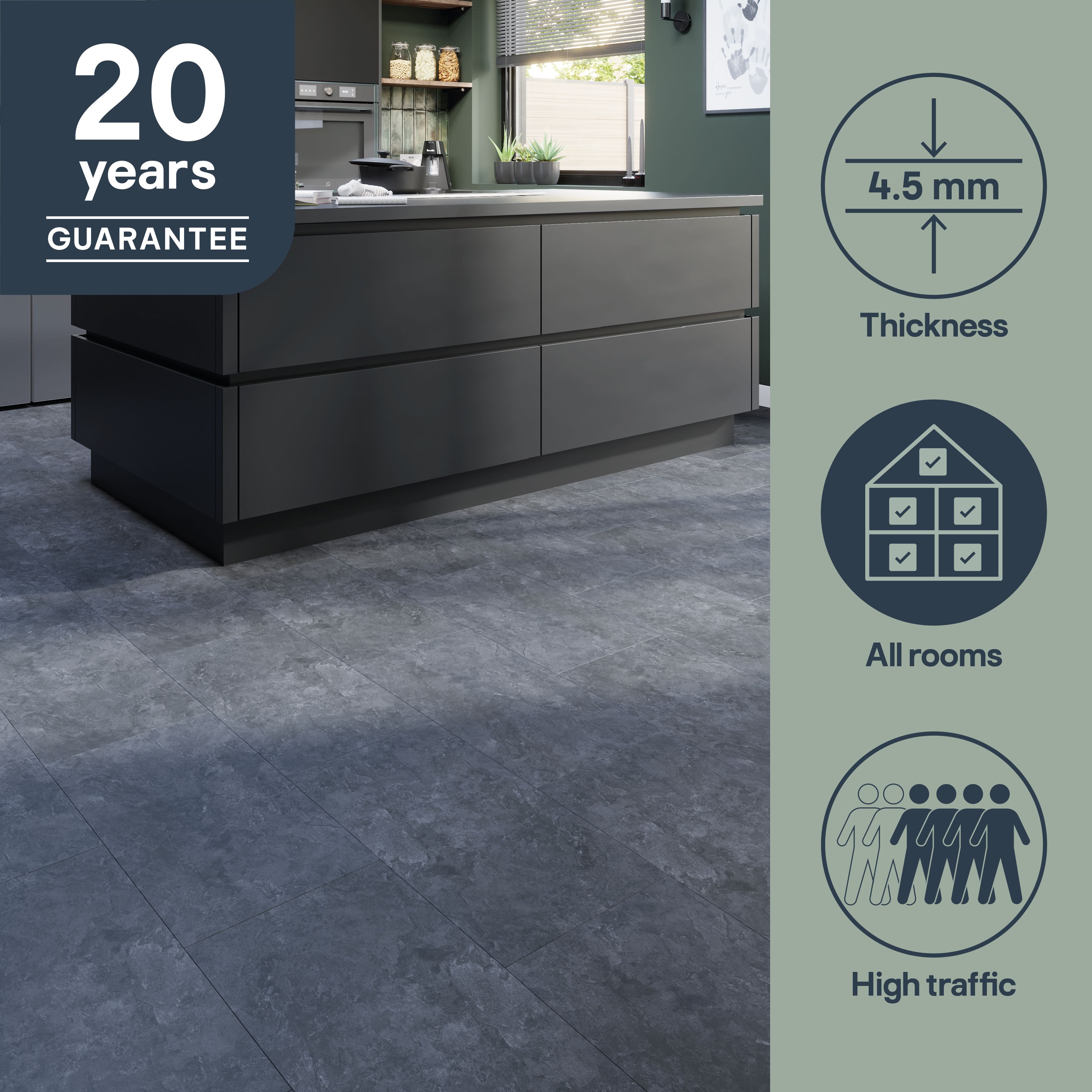 GoodHome Mambo Dark Grey Natural Slate effect Textured Click vinyl Tile, 2.23m²