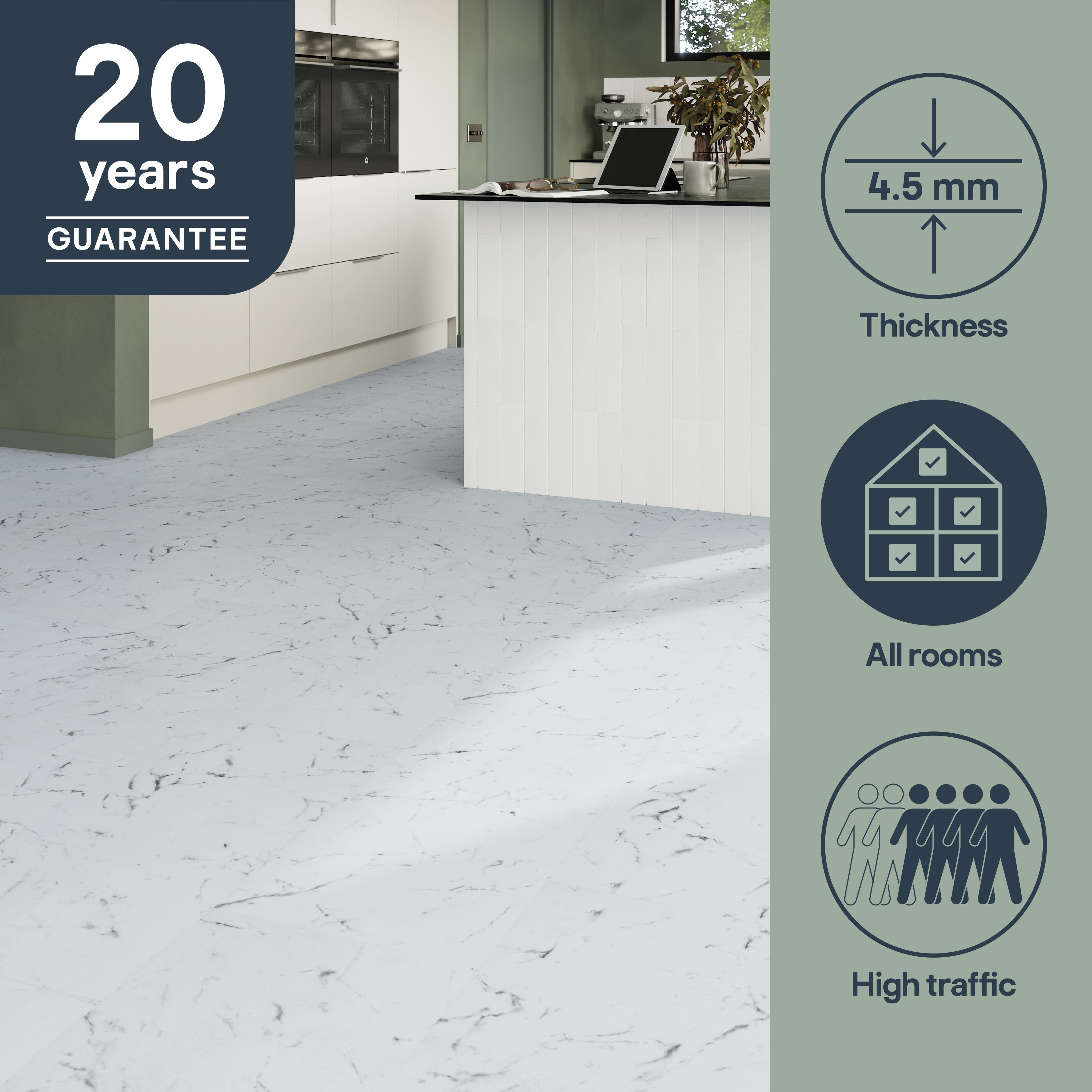 GoodHome Mambo White Natural Marble effect Textured Click vinyl Tile, 1.92m²