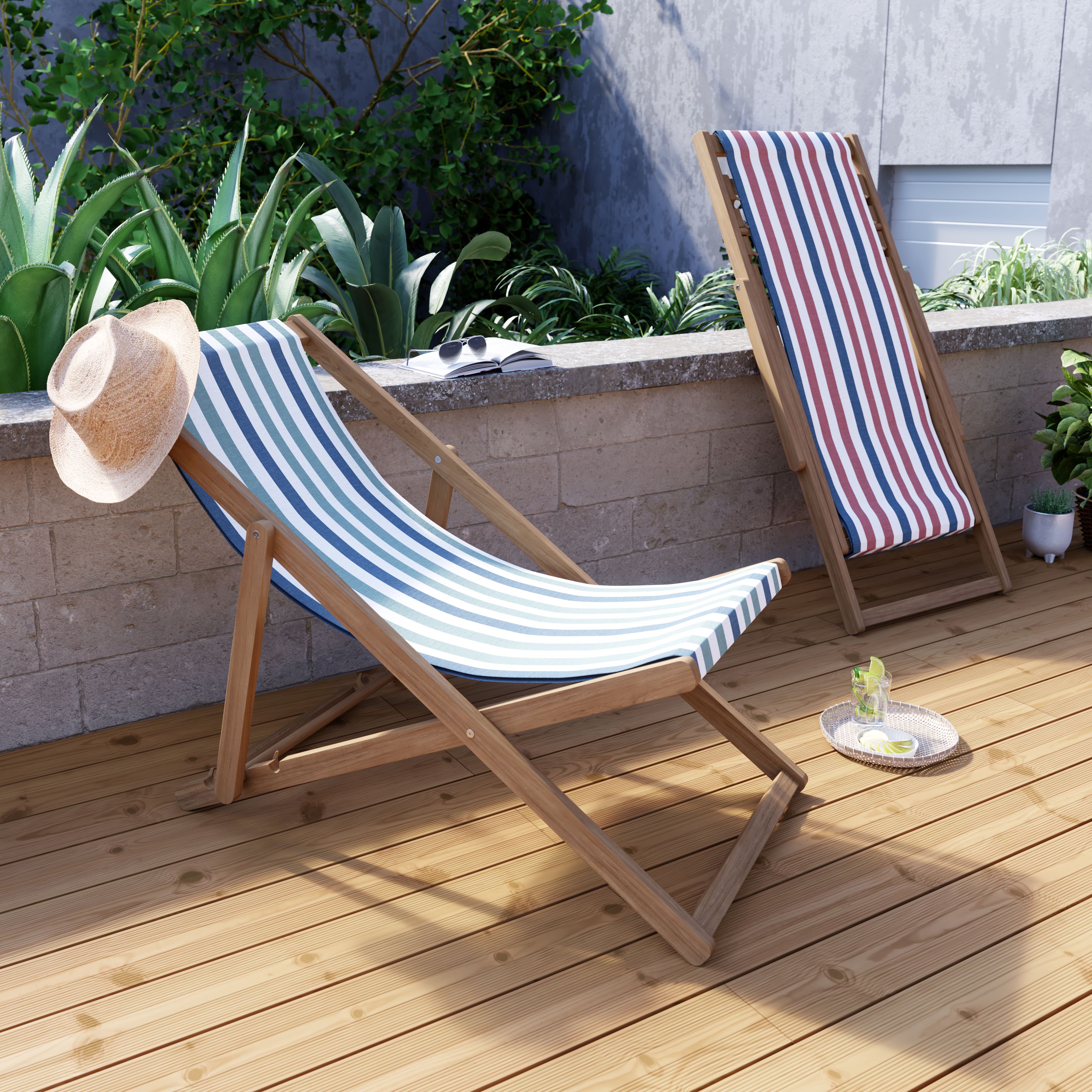 GoodHome Mato Blue & green Wooden Foldable Striped Deck chair