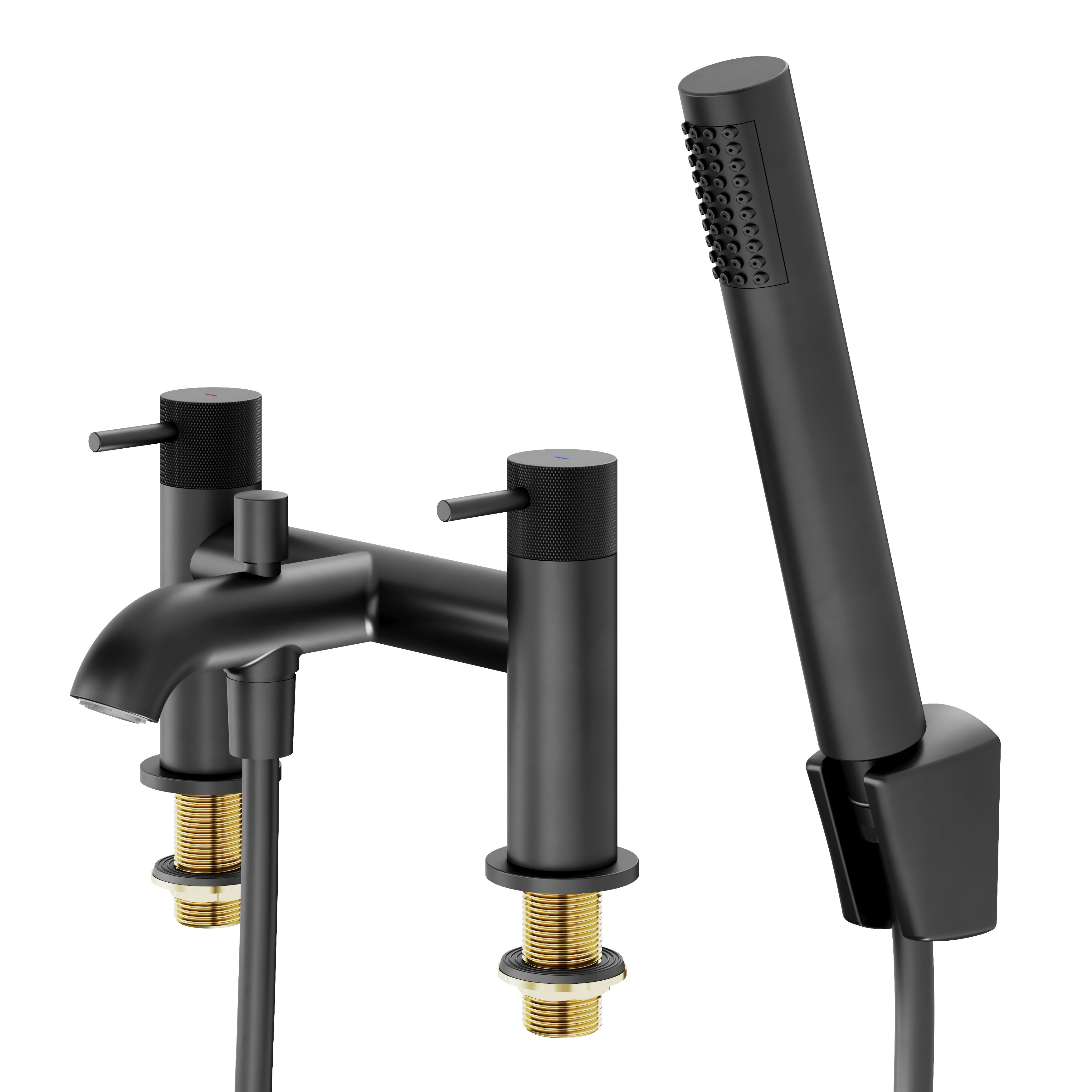 GoodHome Matt Black Deck-mounted Double Bath shower mixer tap with shower kit