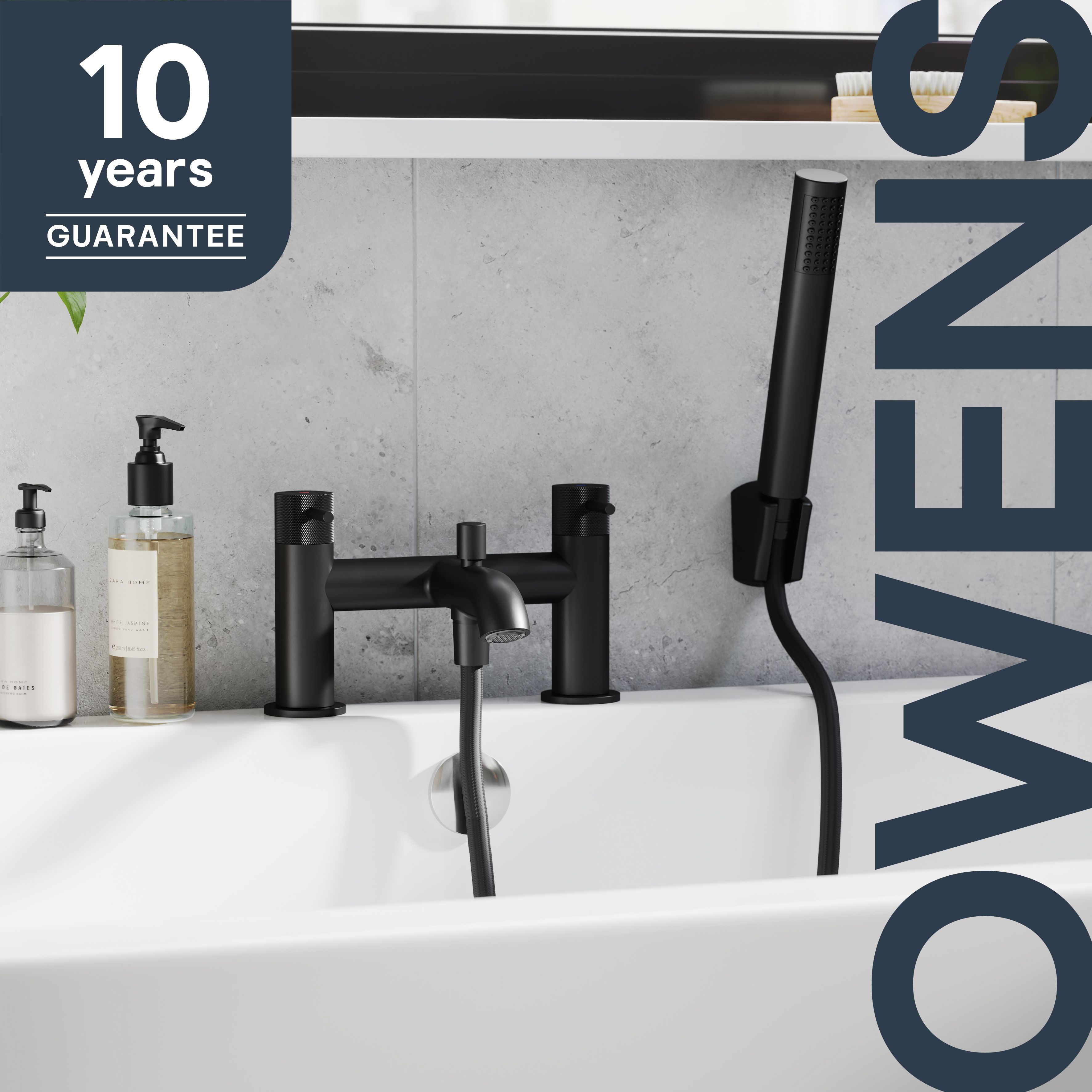 GoodHome Matt Black Deck-mounted Double Bath shower mixer tap with shower kit