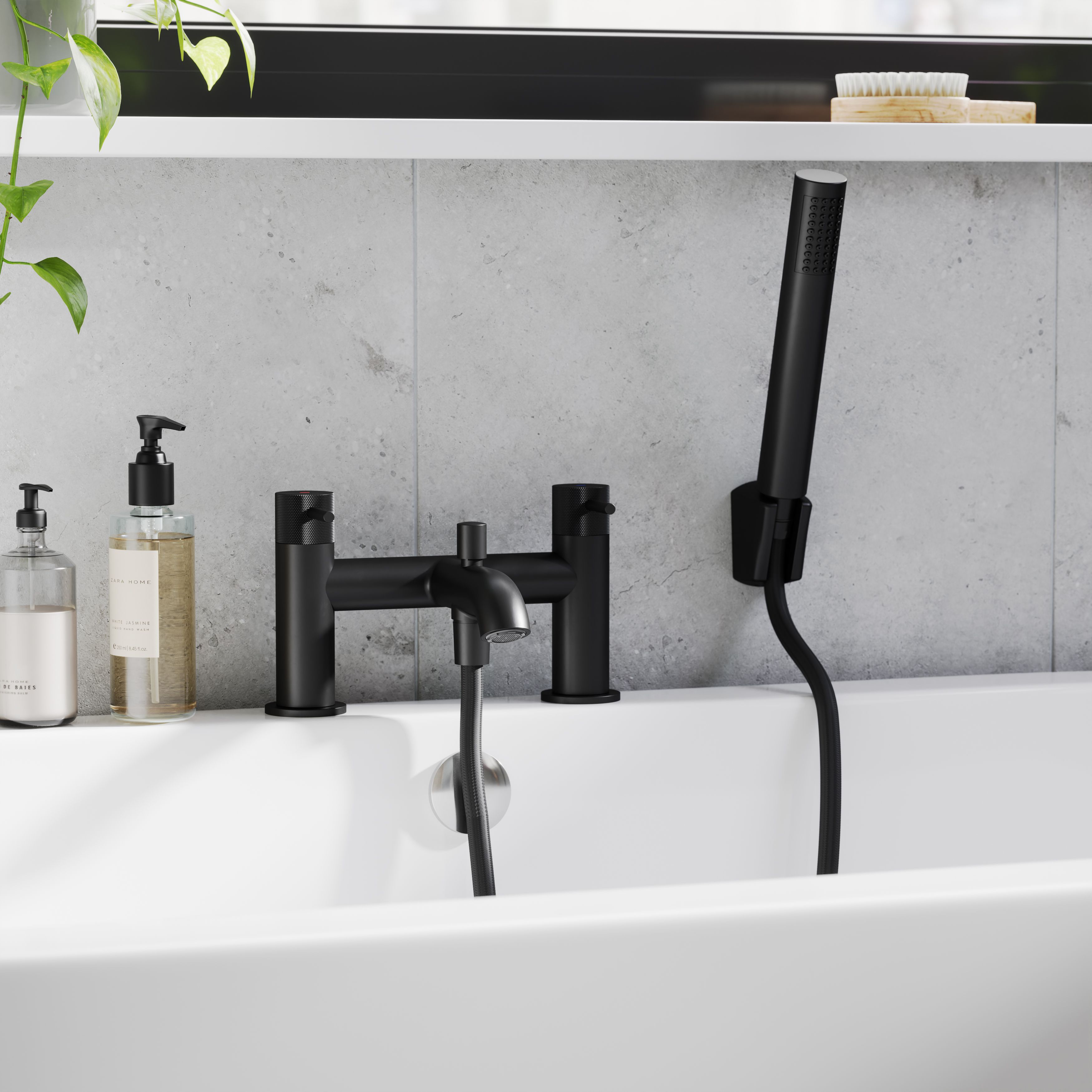 GoodHome Matt Black Deck-mounted Double Bath shower mixer tap with shower kit