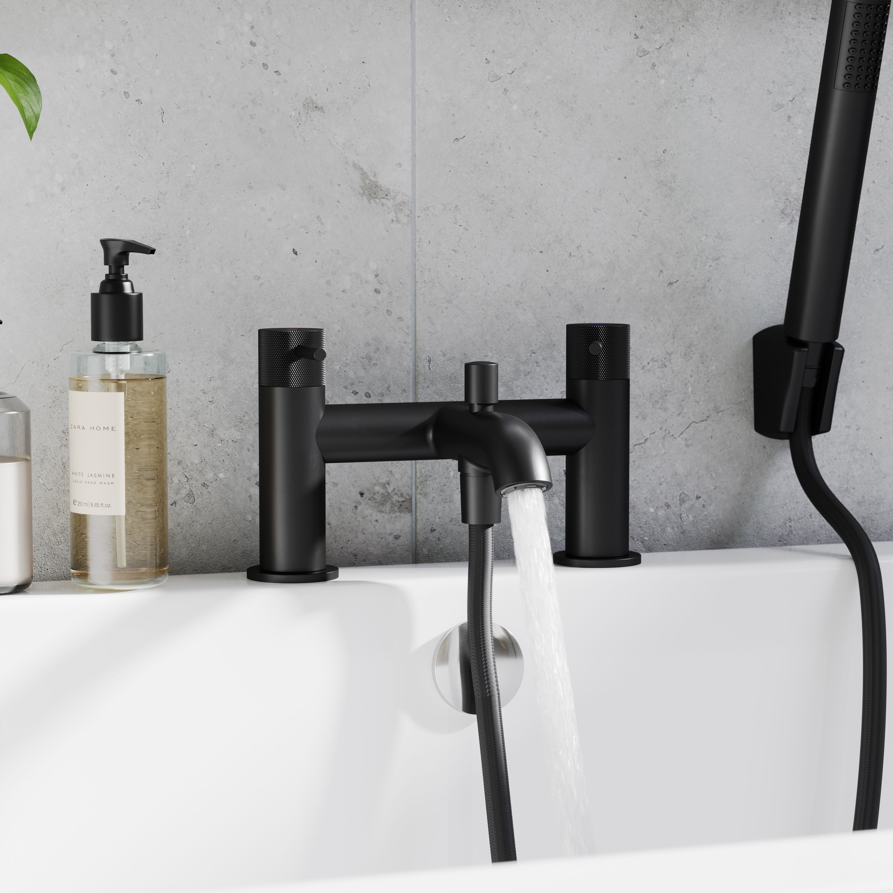 GoodHome Matt Black Deck-mounted Double Bath shower mixer tap with shower kit