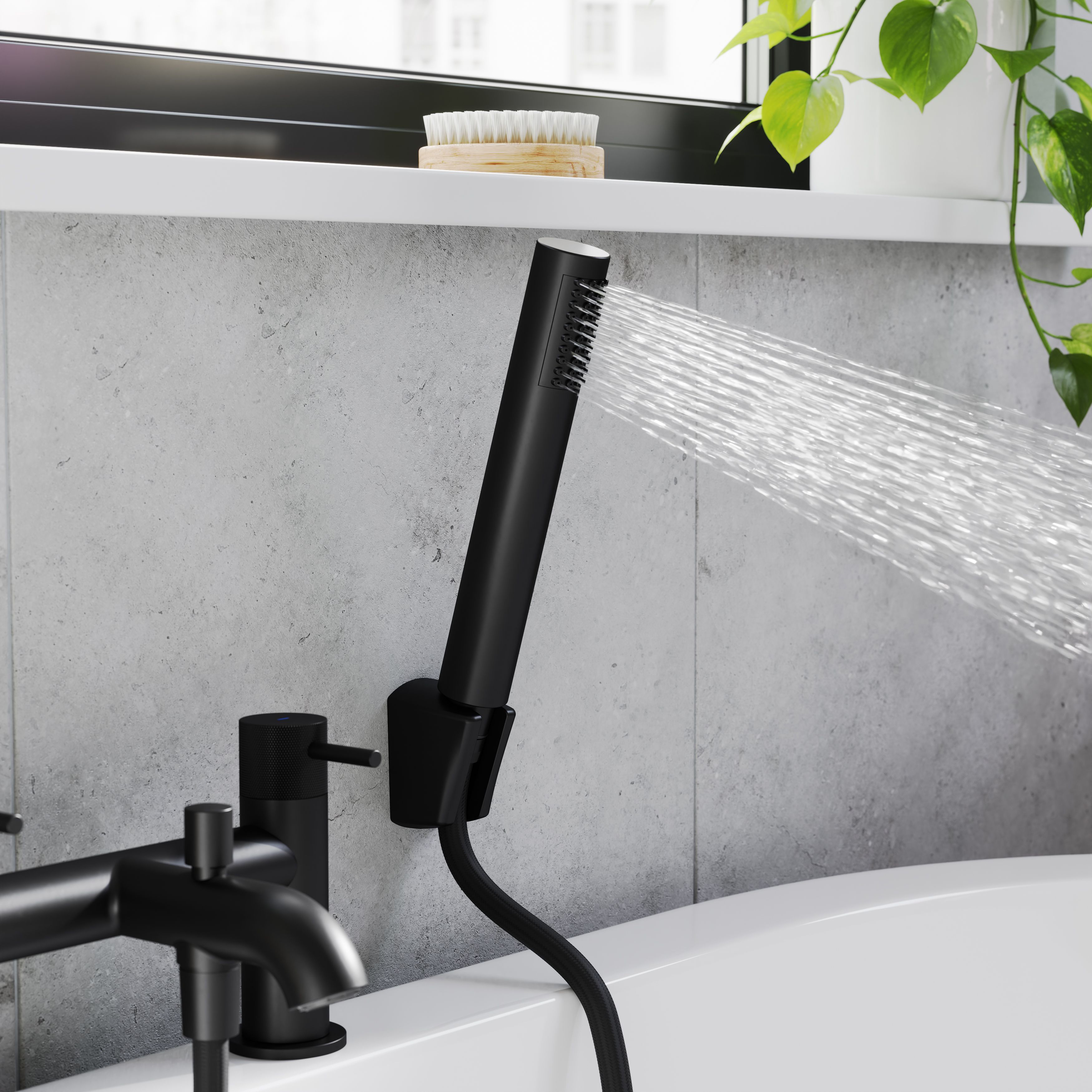 GoodHome Matt Black Deck-mounted Double Bath shower mixer tap with shower kit