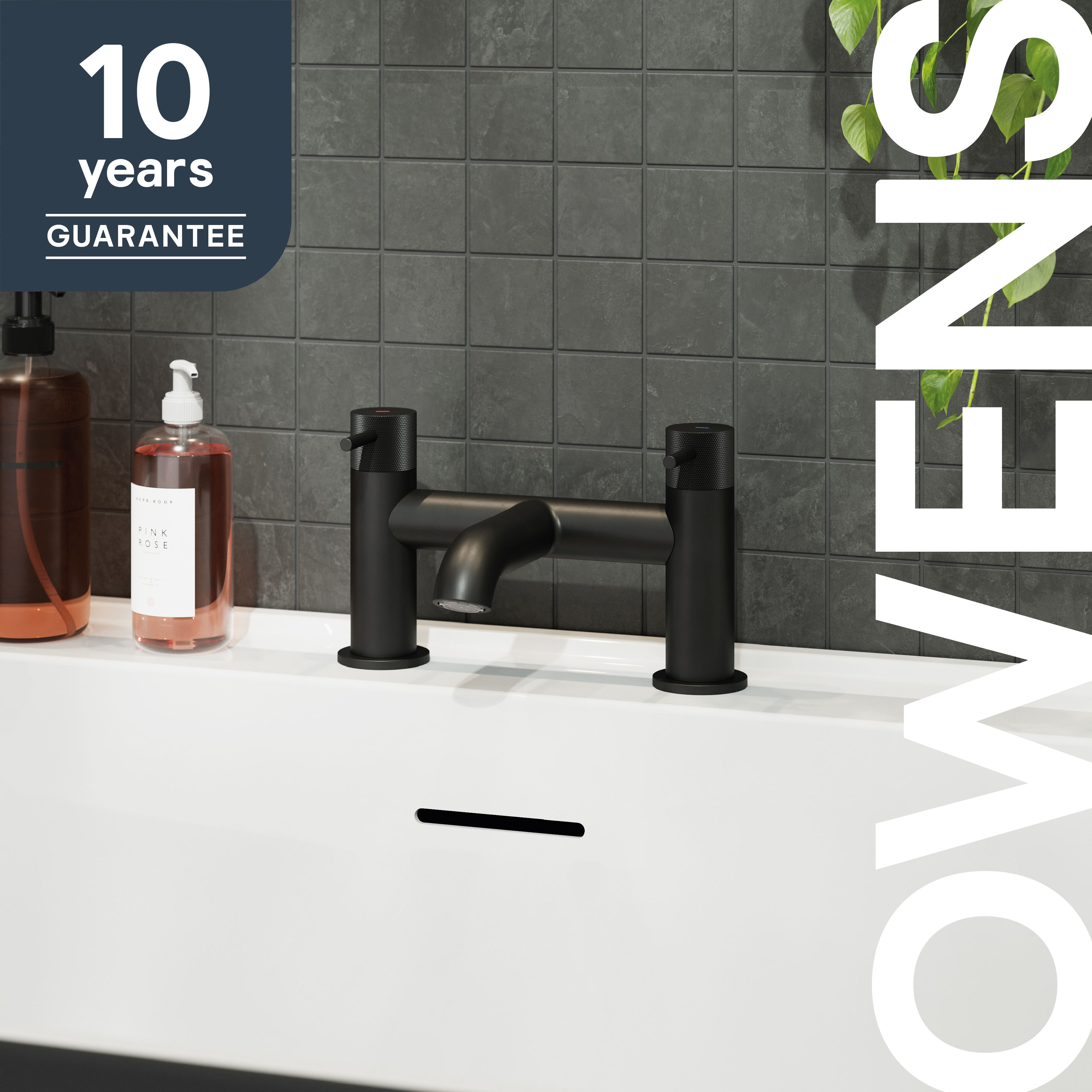 GoodHome Matt Black Deck-mounted Manual Double Bath Filler Tap
