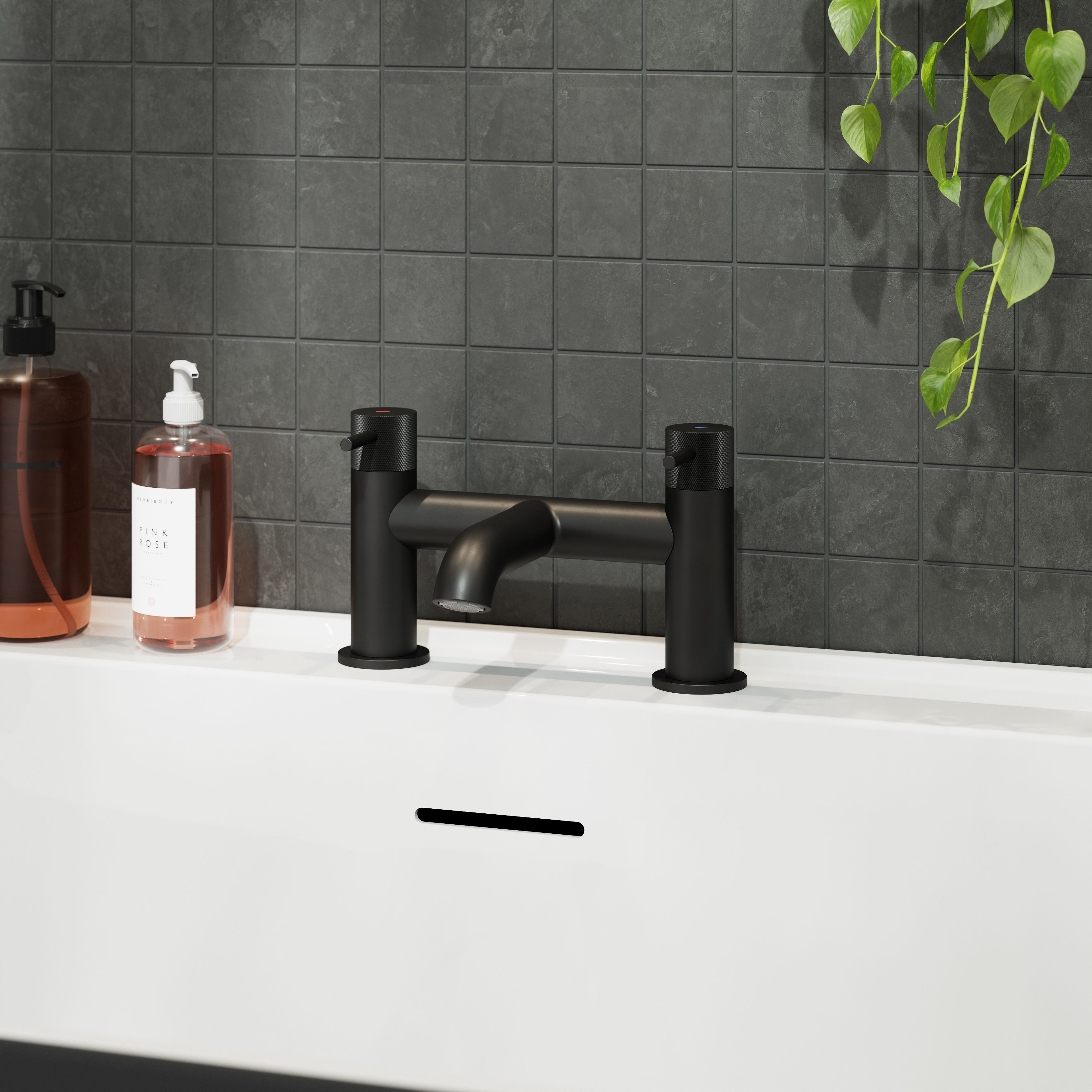 GoodHome Matt Black Deck-mounted Manual Double Bath Filler Tap