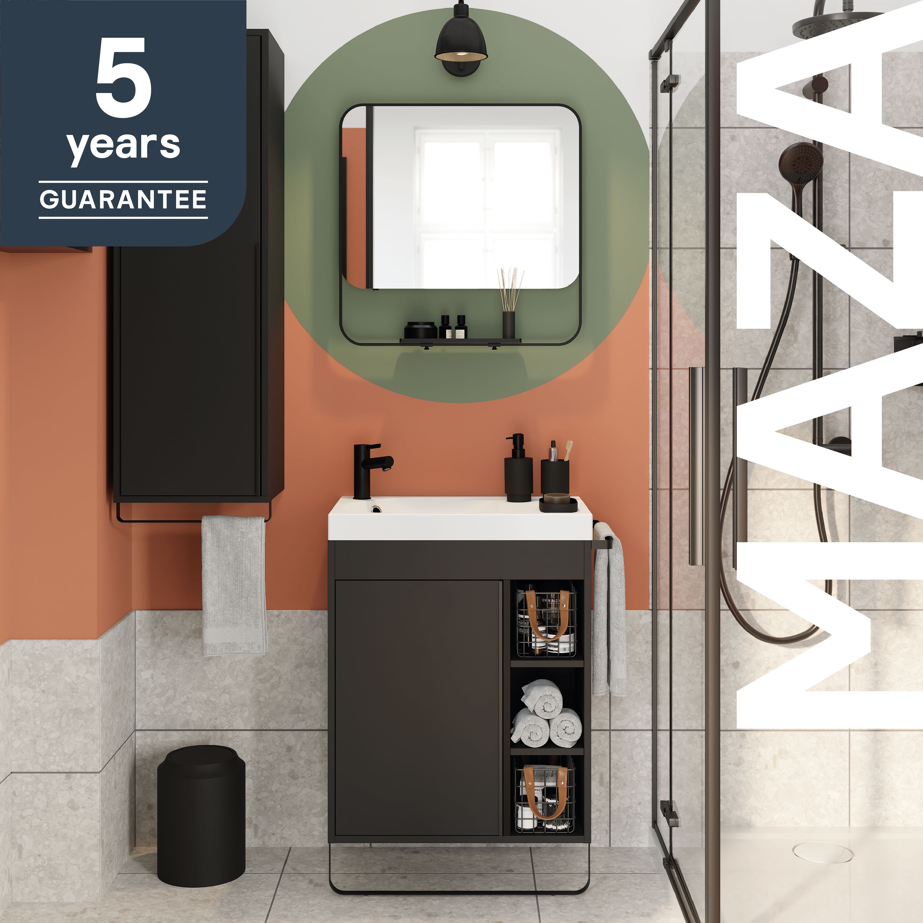 GoodHome MAZA Slimline Matt Black Single Wall-mounted Bathroom Cabinet (H)82cm (W)65cm