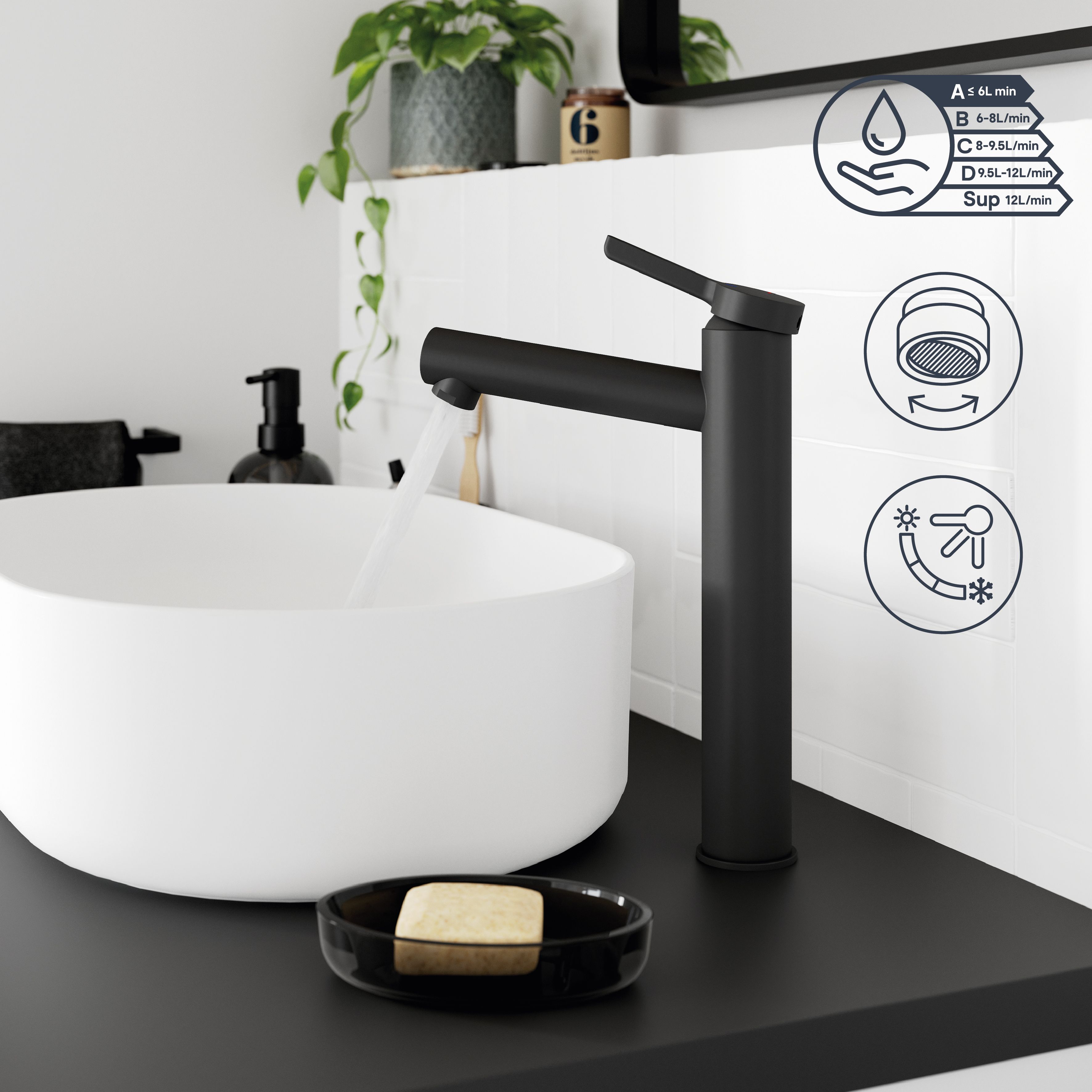 GoodHome Maza XL Matt Black Round Basin Mixer Tap