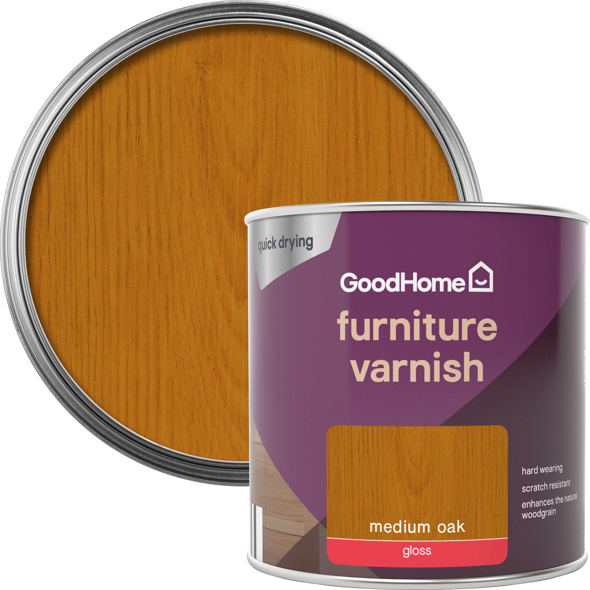 GoodHome Medium Oak Gloss Multi-surface Furniture Wood varnish, 250ml