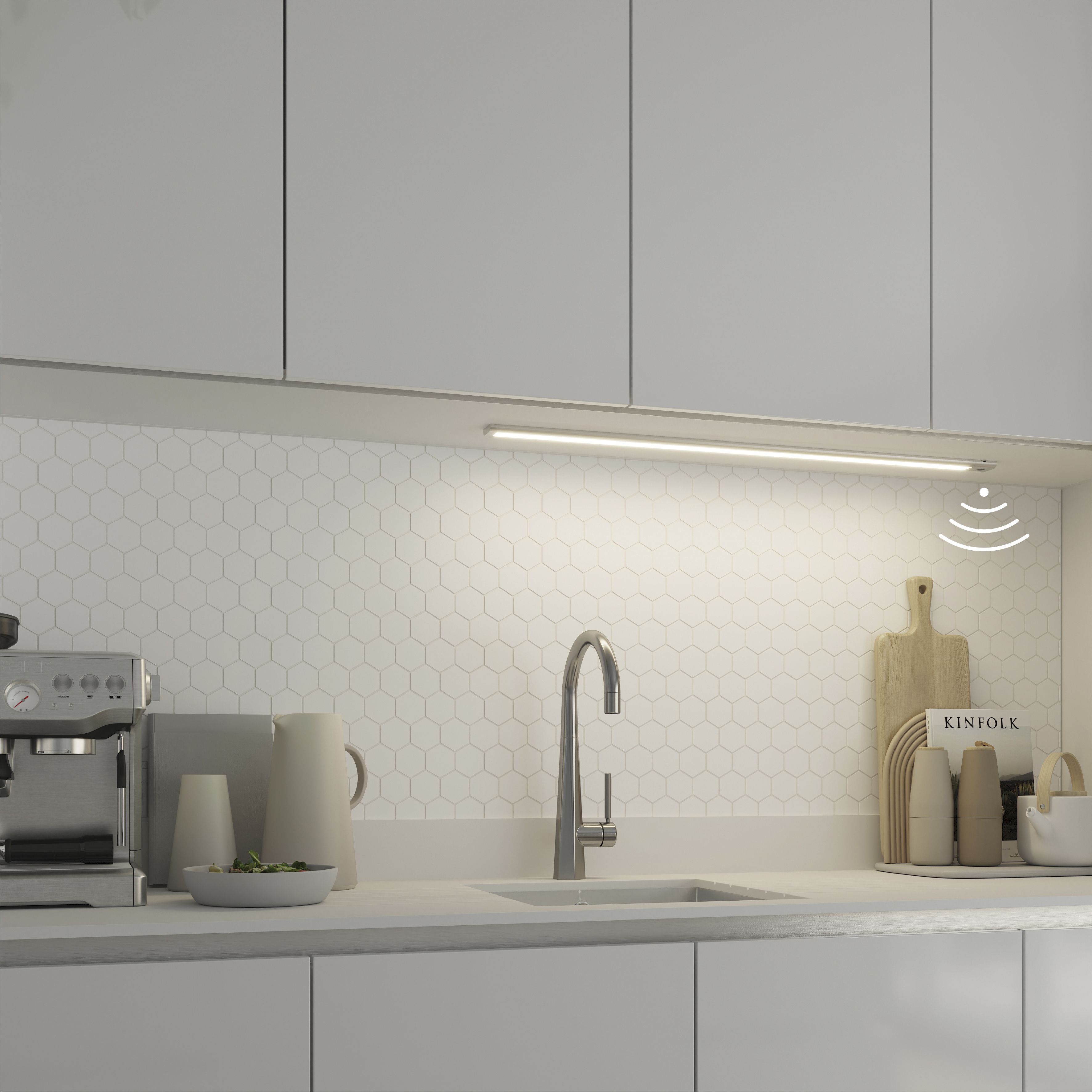 GoodHome Menezes White Silver effect Mains-powered LED Neutral white Under cabinet light IP20 (L)885mm (W)42mm