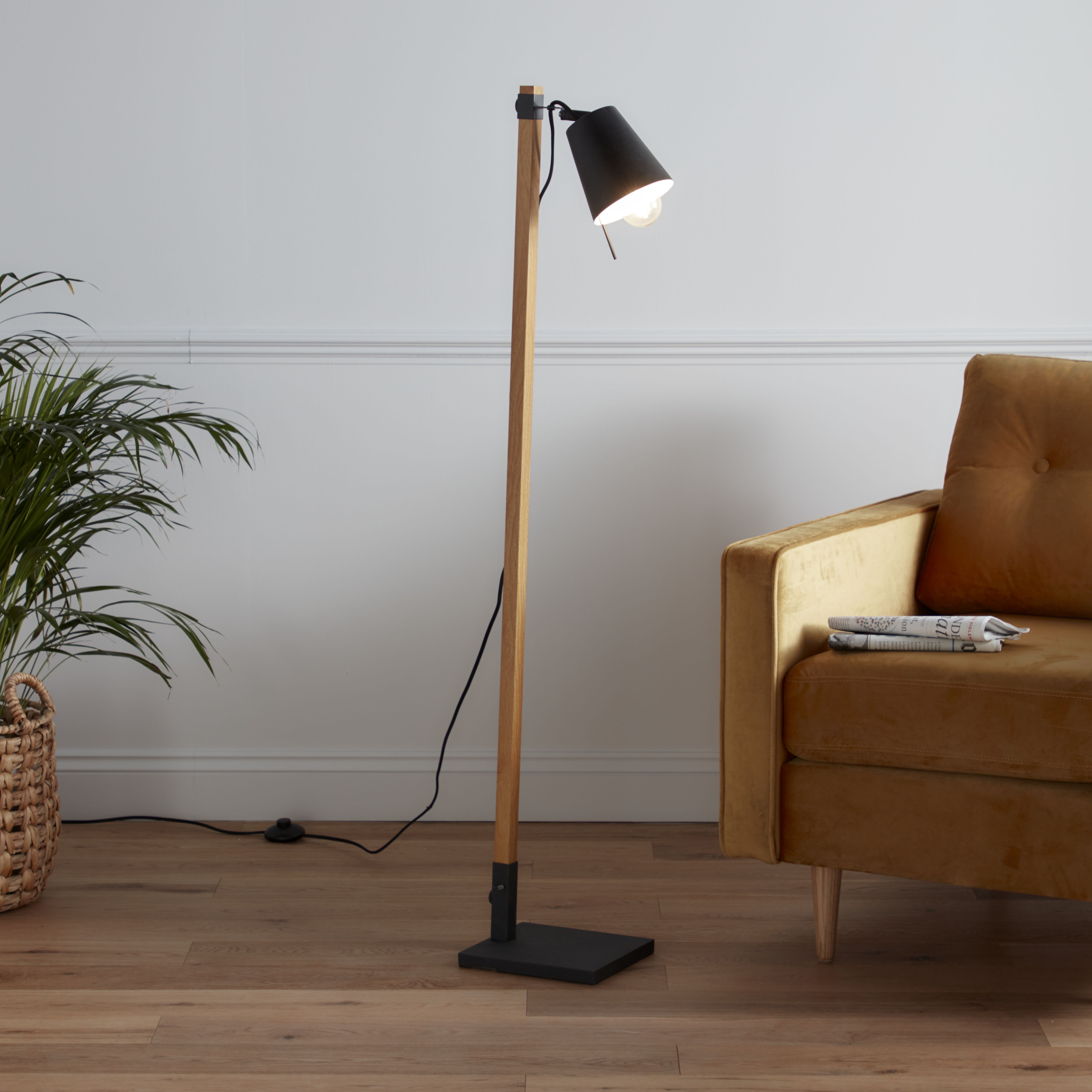 GoodHome Menonry Matt Black Wood effect Floor light
