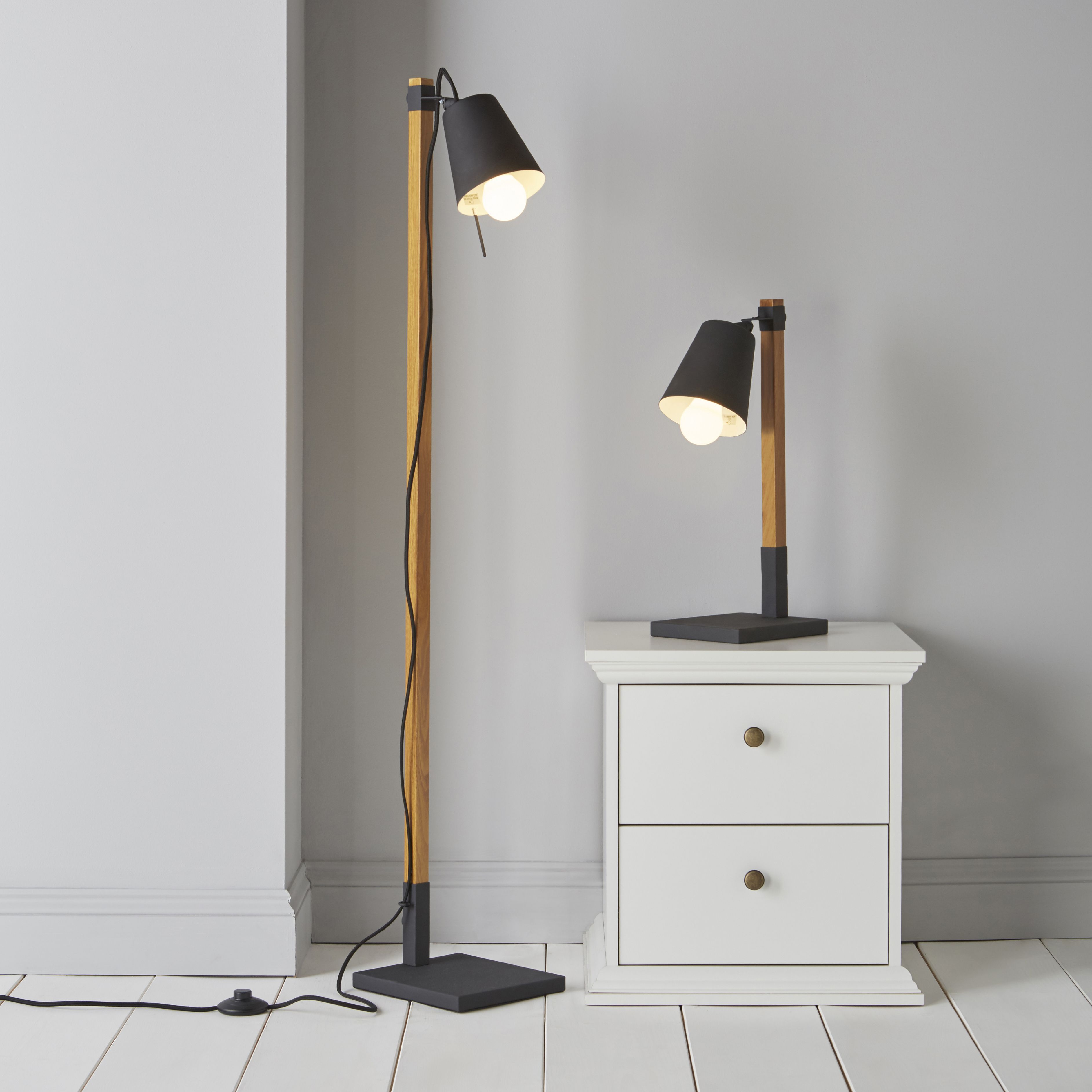 GoodHome Menonry Matt Black Wood effect Floor light