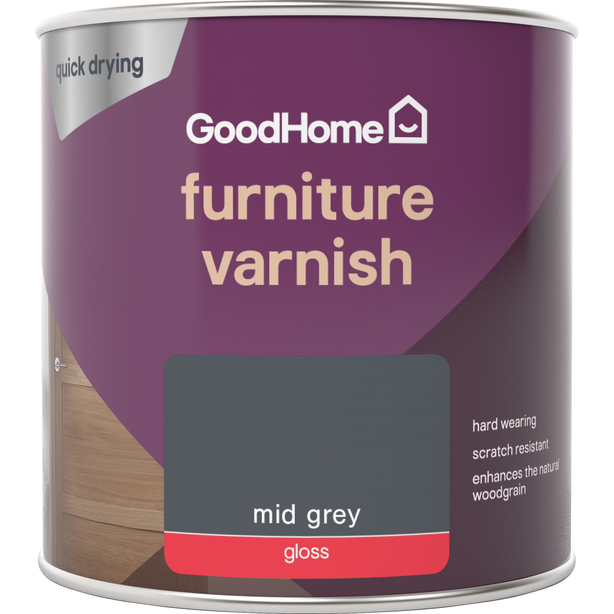 GoodHome Mid Grey Gloss Multi-surface Furniture Wood varnish, 250ml