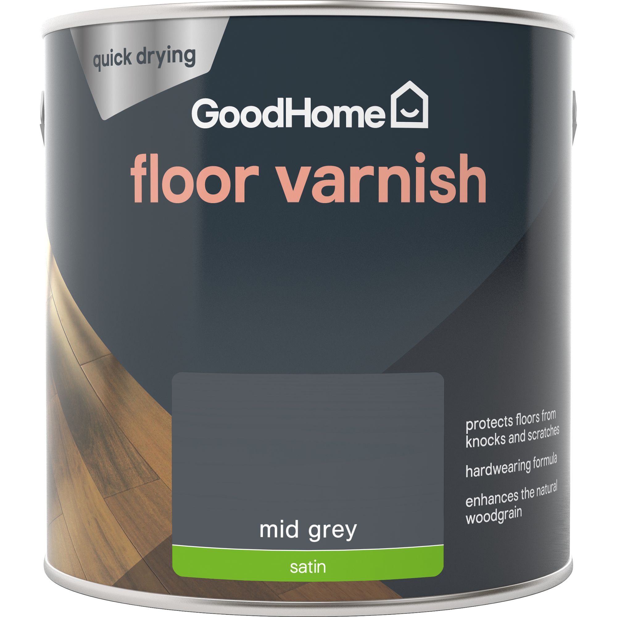 GoodHome Mid Grey Satin Floor Wood varnish, 2.5L
