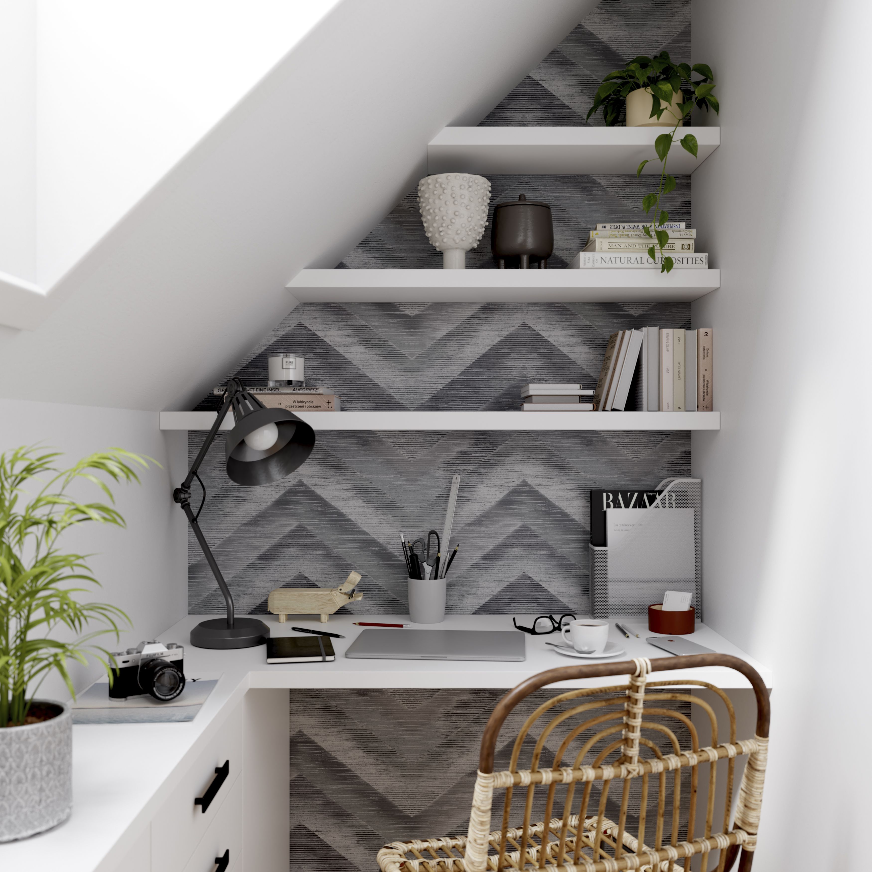 GoodHome Moone Grey Geometric chevron Textured Wallpaper