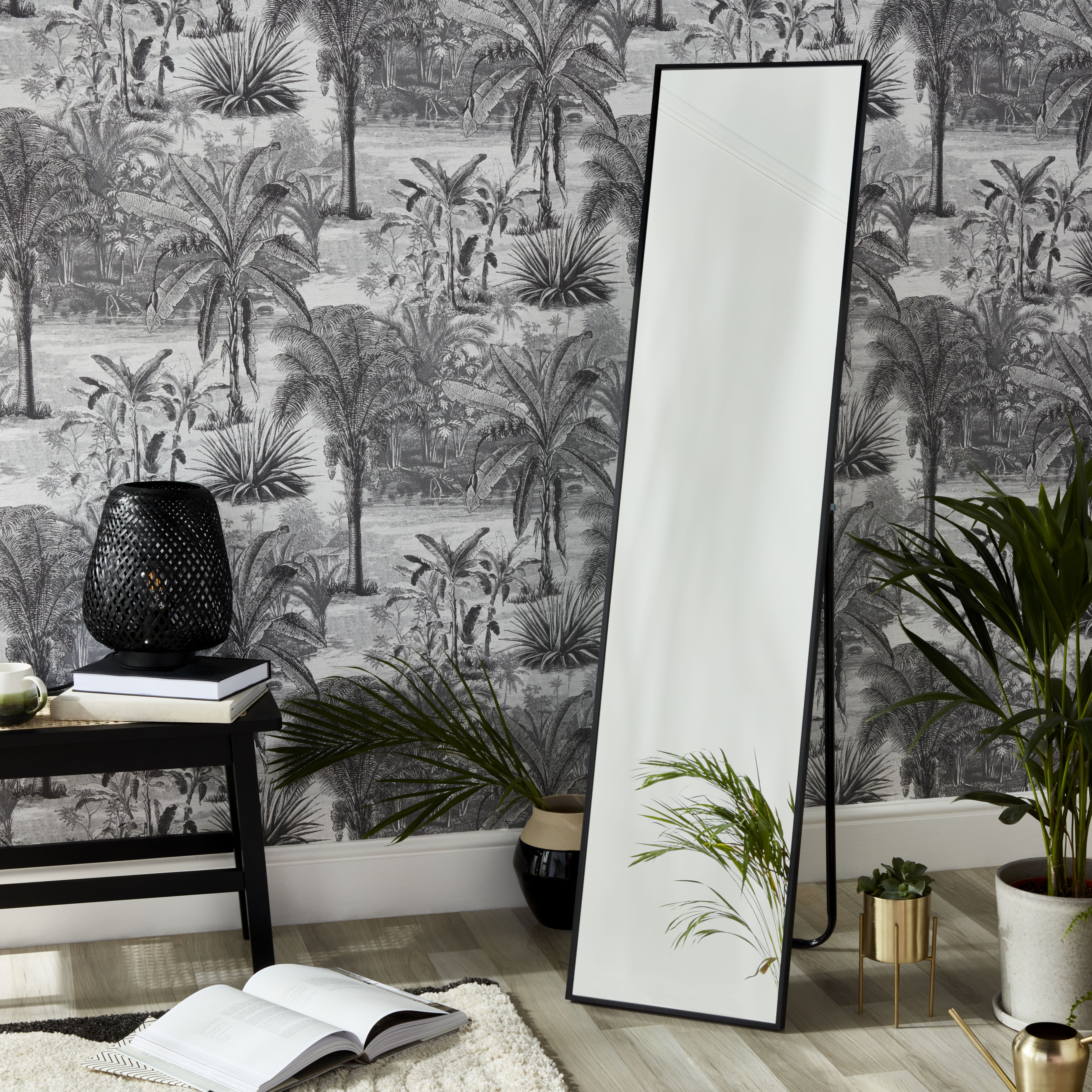 GoodHome Muhely Brushed Black Rectangular Framed Mirror (H)150.5cm (W)35.5cm
