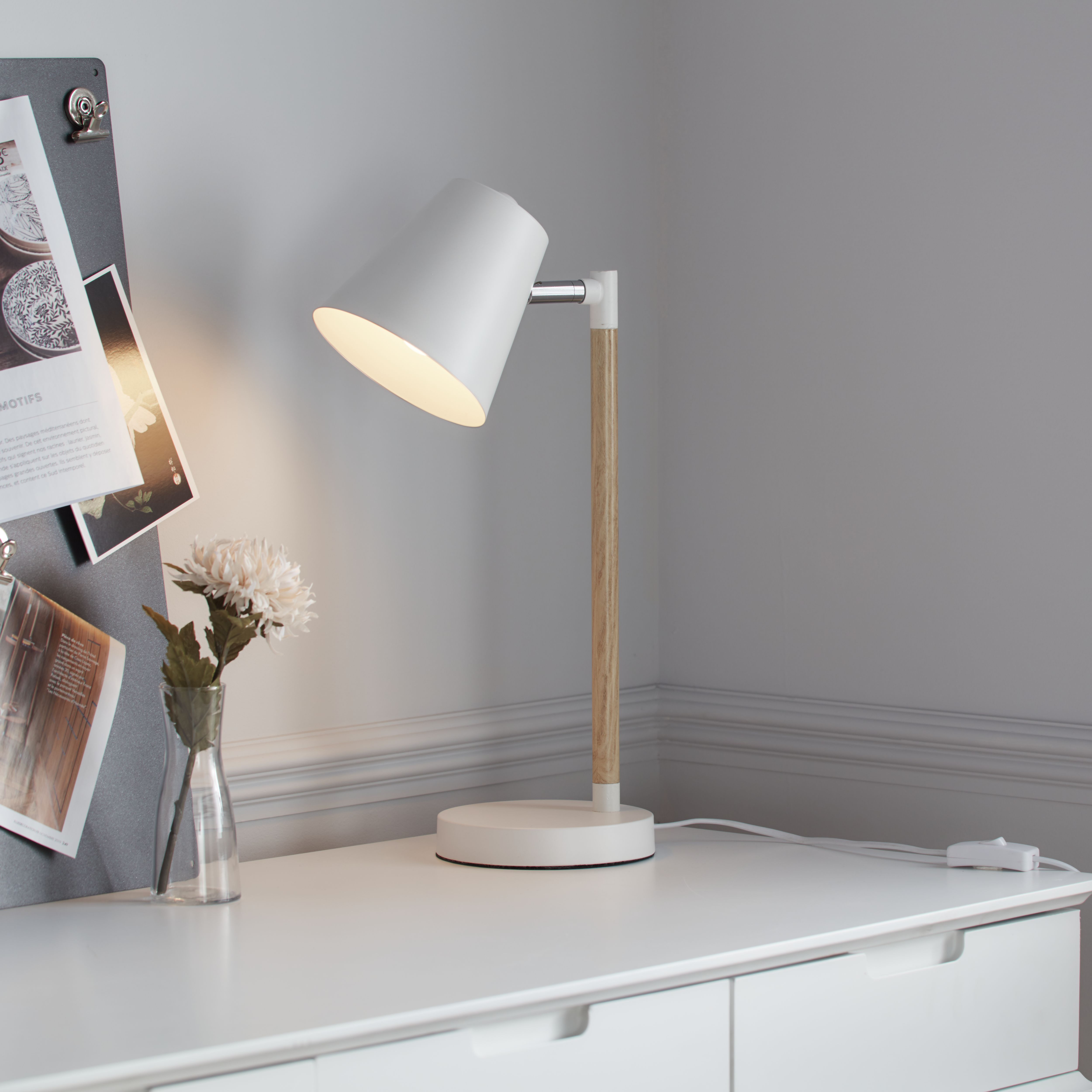 GoodHome Mulanje Matt White Wood effect Table light