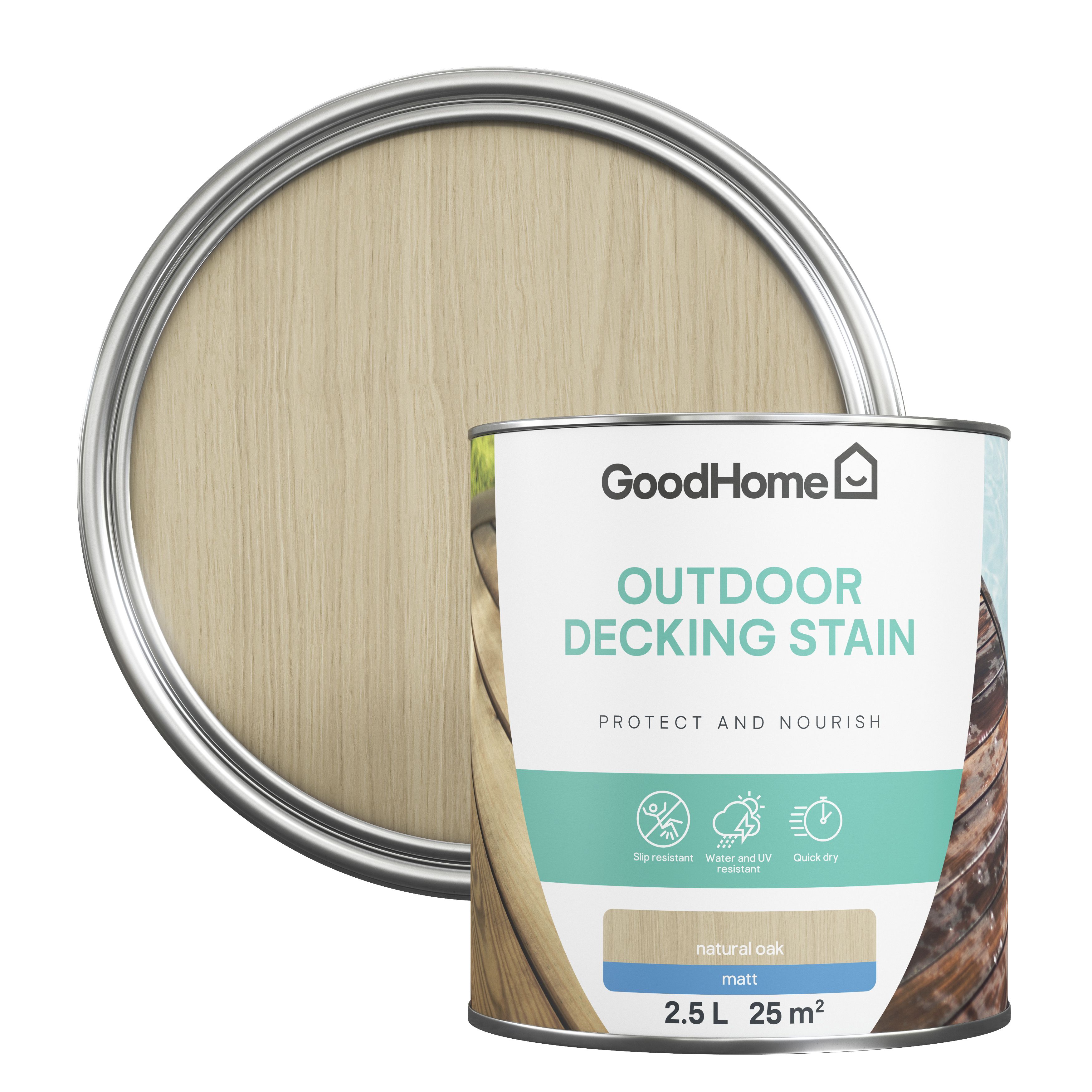 GoodHome Natural oak Matt Quick dry Decking Wood stain, 2.5L